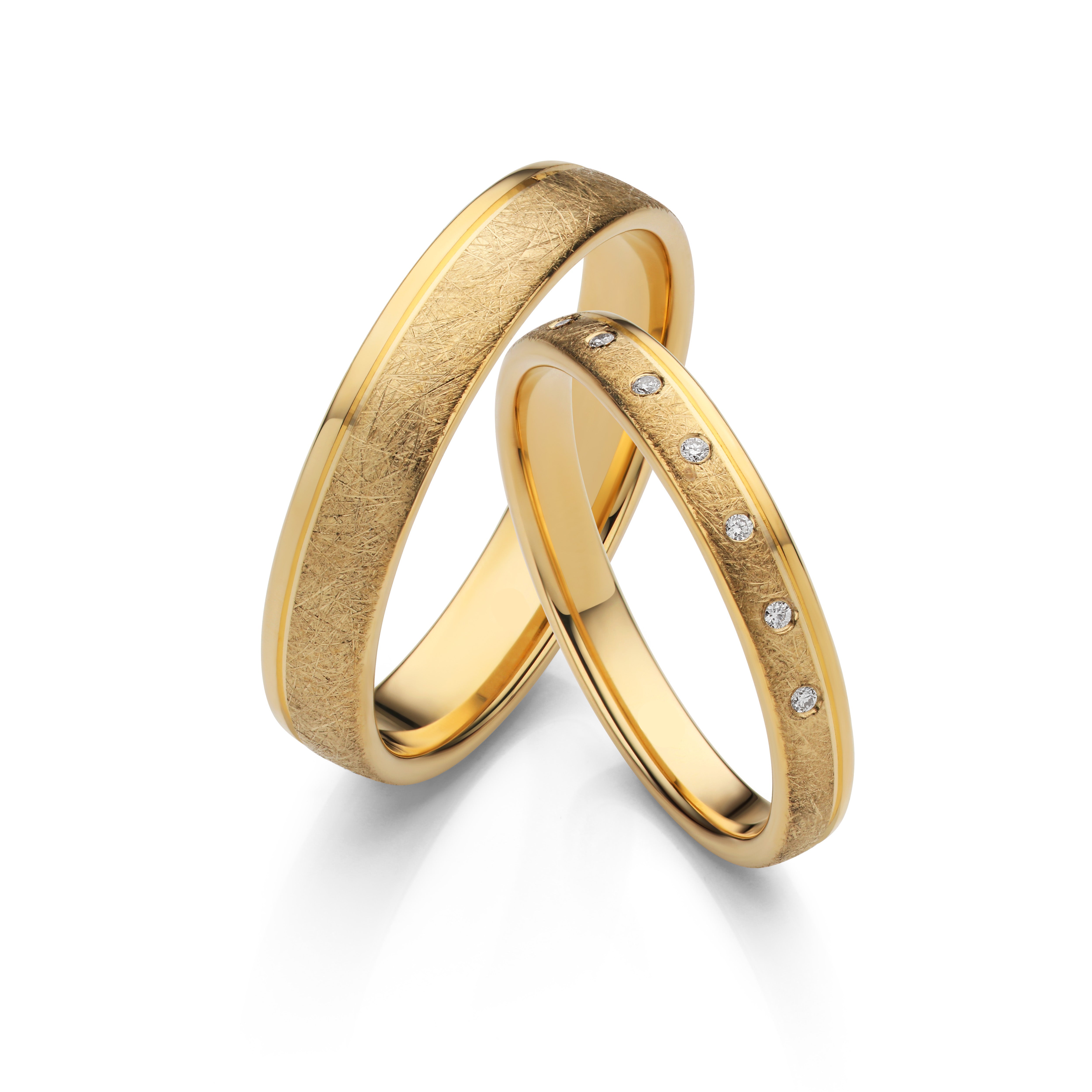 Wire-brushed Finish 18K Yellow Gold Wedding Ring Pair