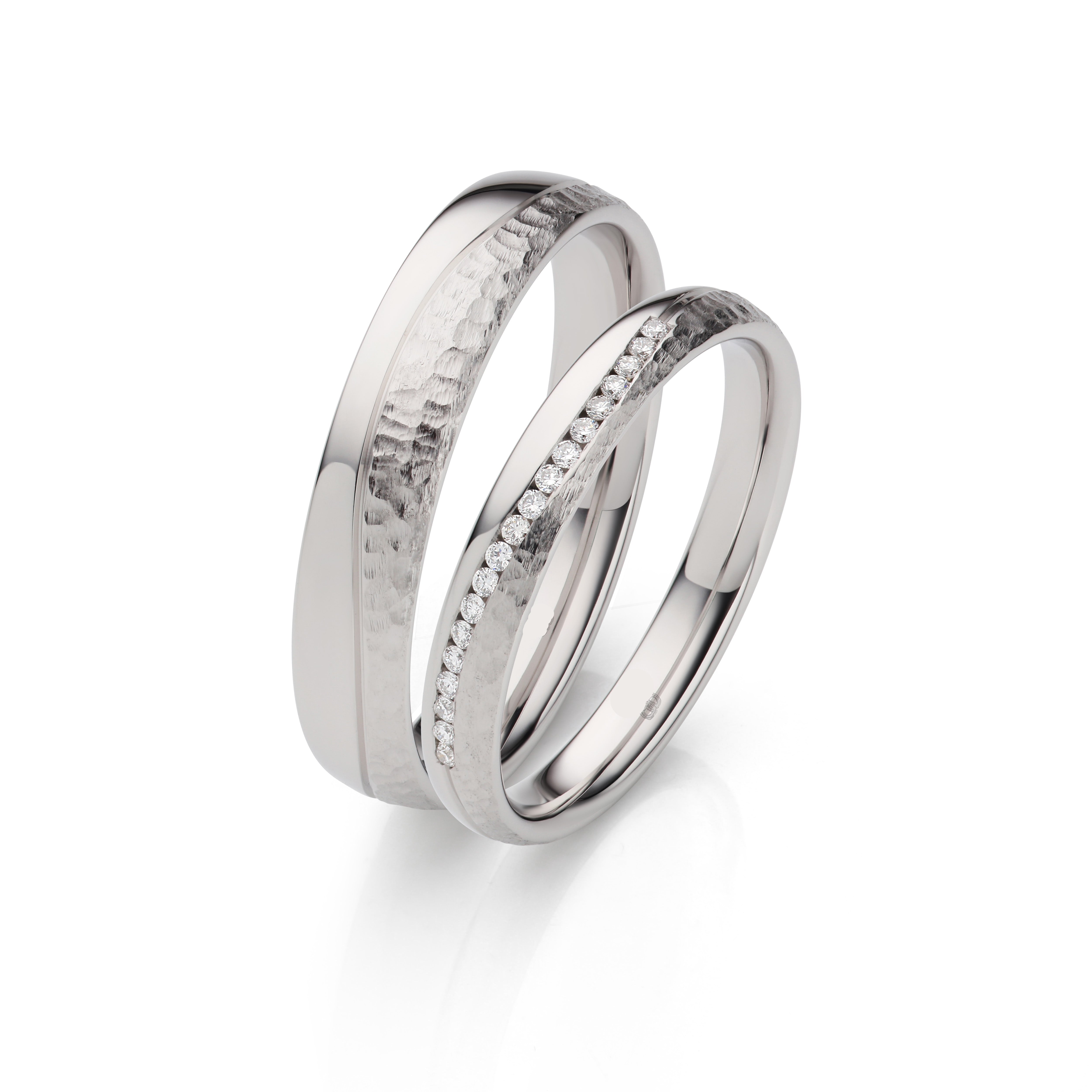 18K White Gold Hammered Wedding Ring Pair with Pave Diamonds