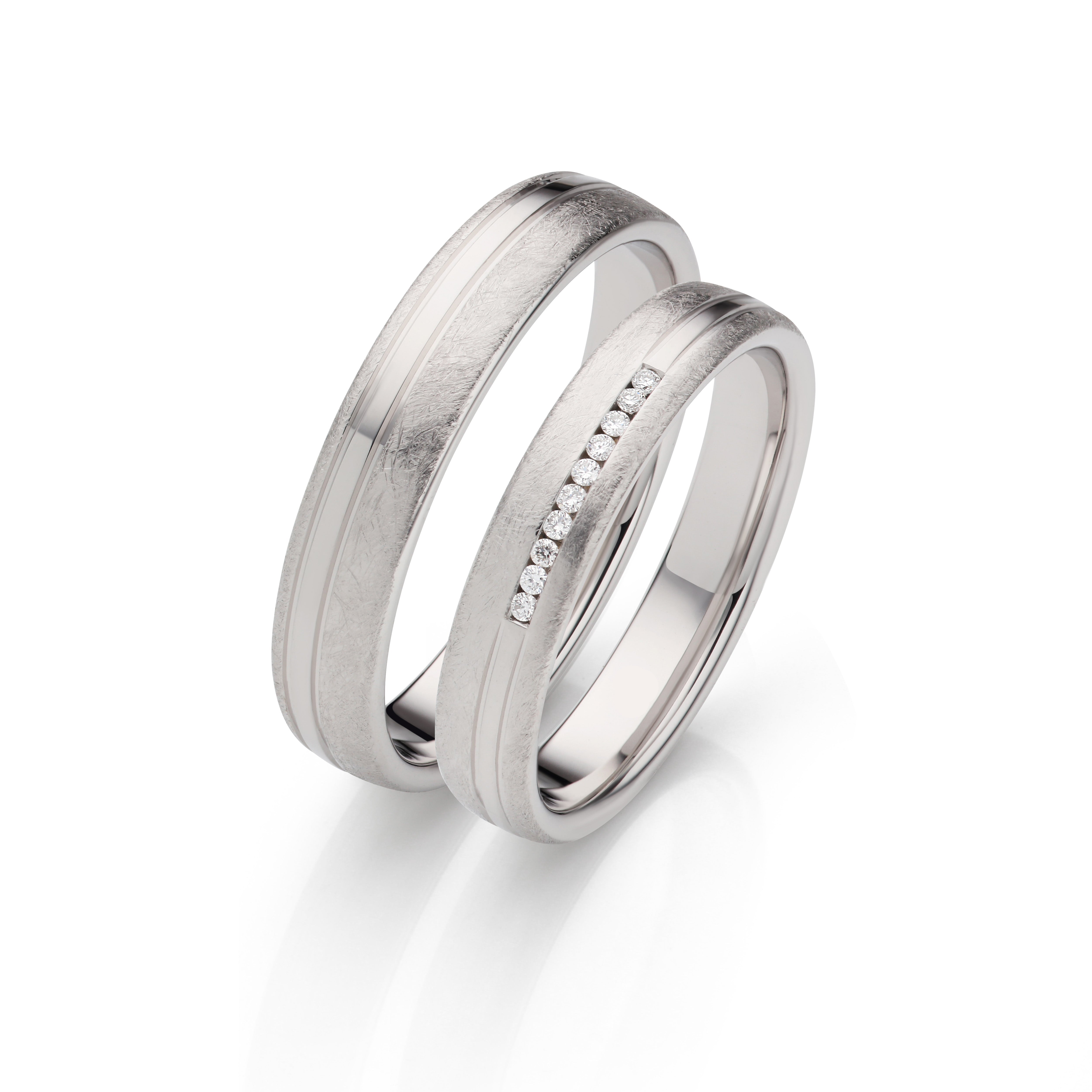 18K White Gold Brushed Wedding Ring Pair with Channel Diamonds