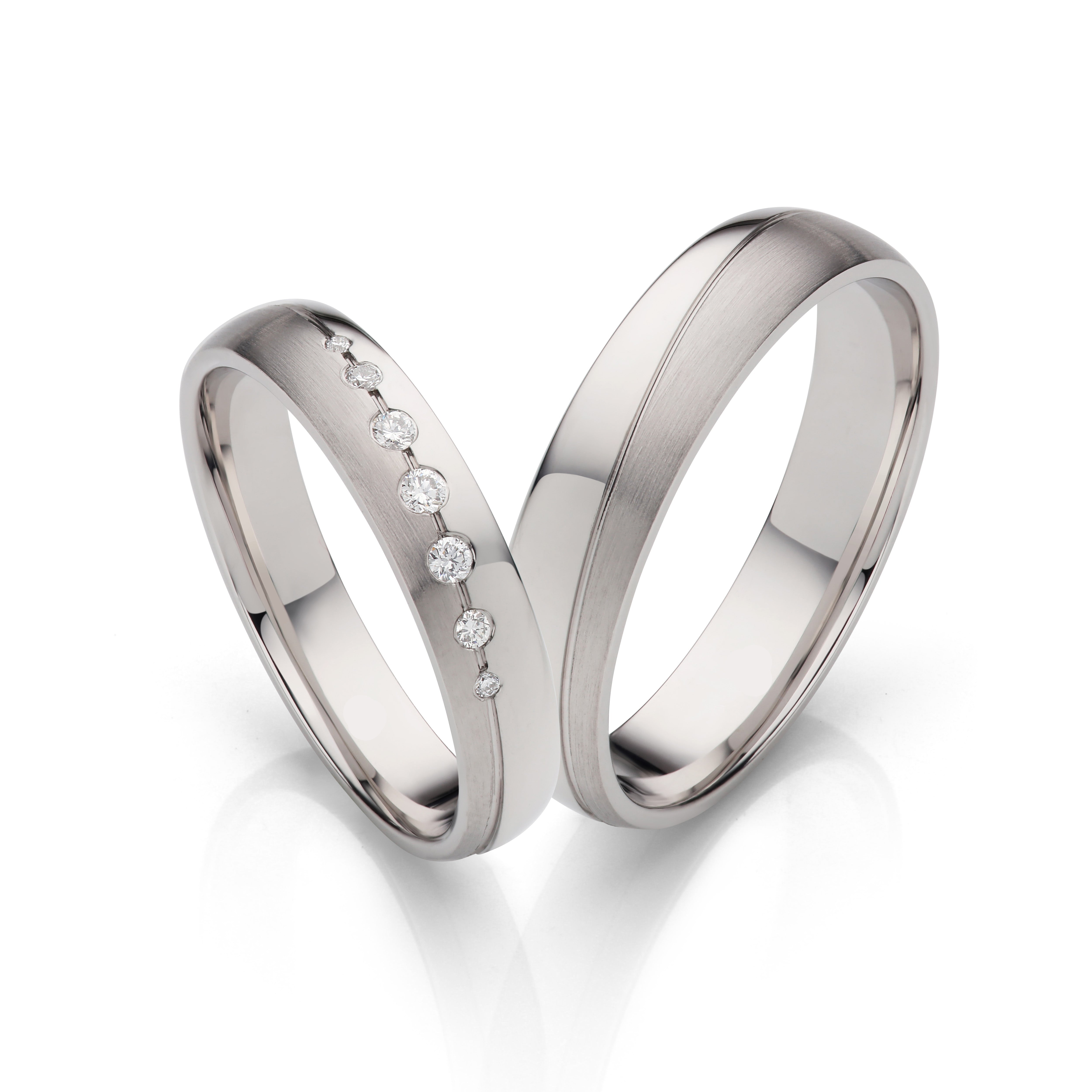 18K White Gold Satin Wedding Ring Pair with Diagonal Diamonds