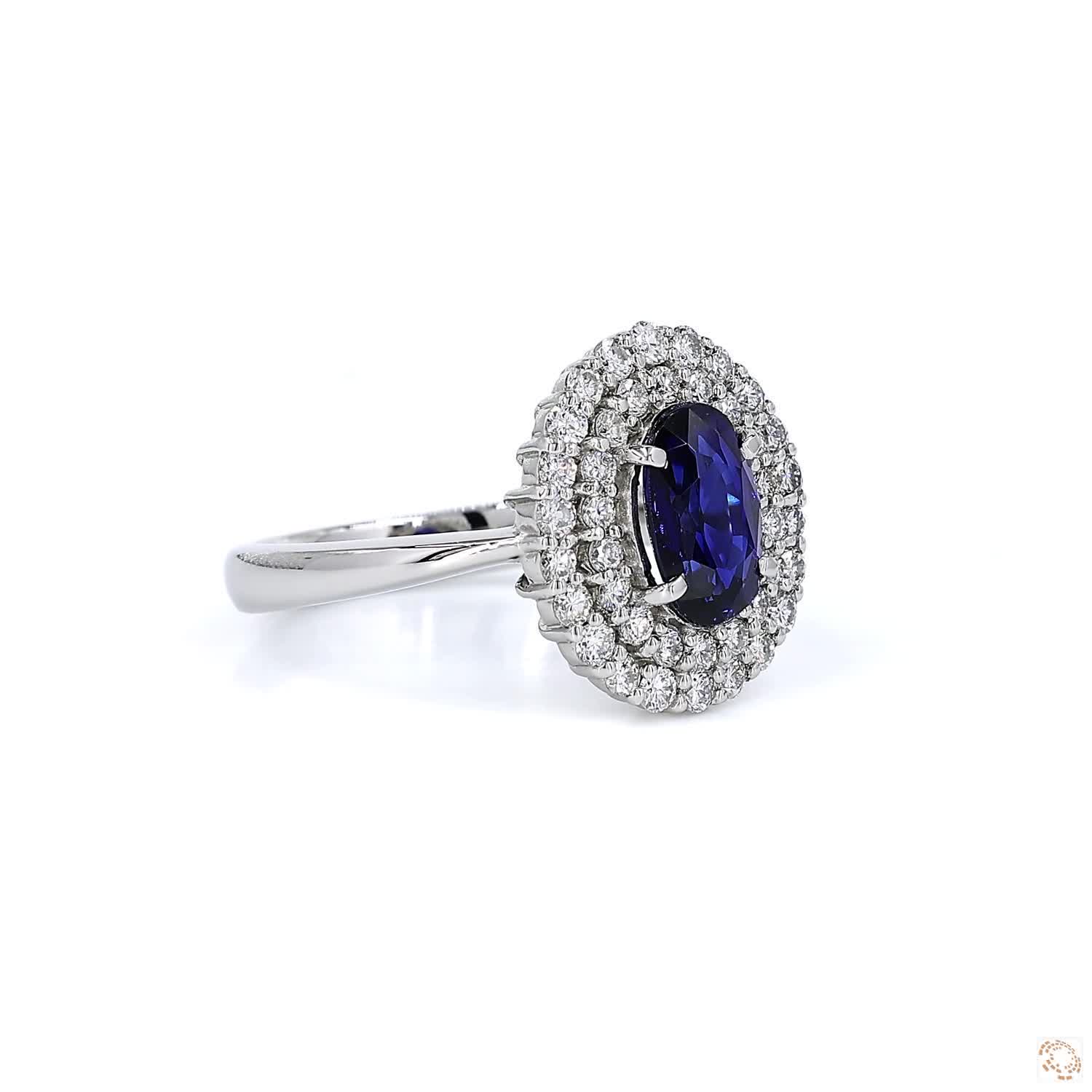 Blue Sapphire and Diamond Double Halo Platinum Ring