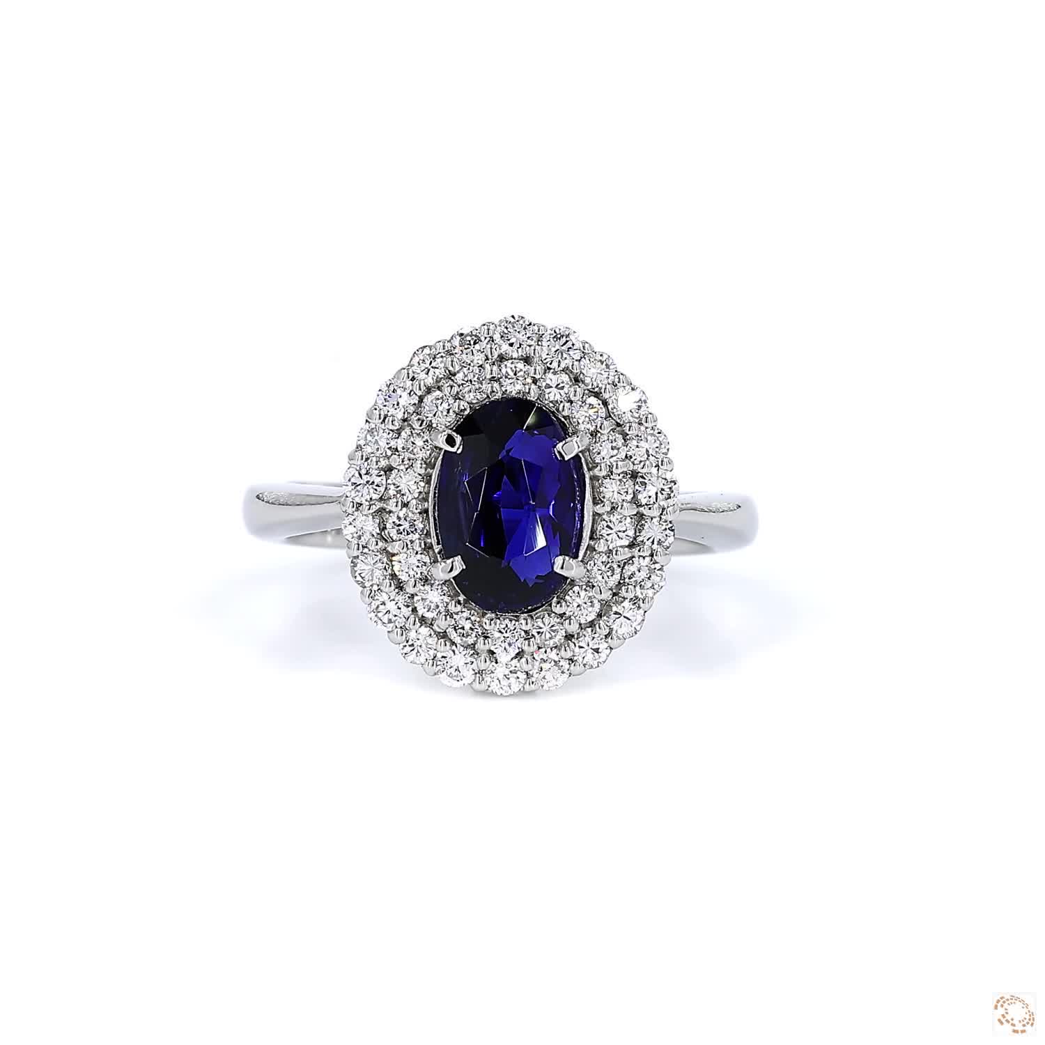 Blue Sapphire and Diamond Double Halo Platinum Ring
