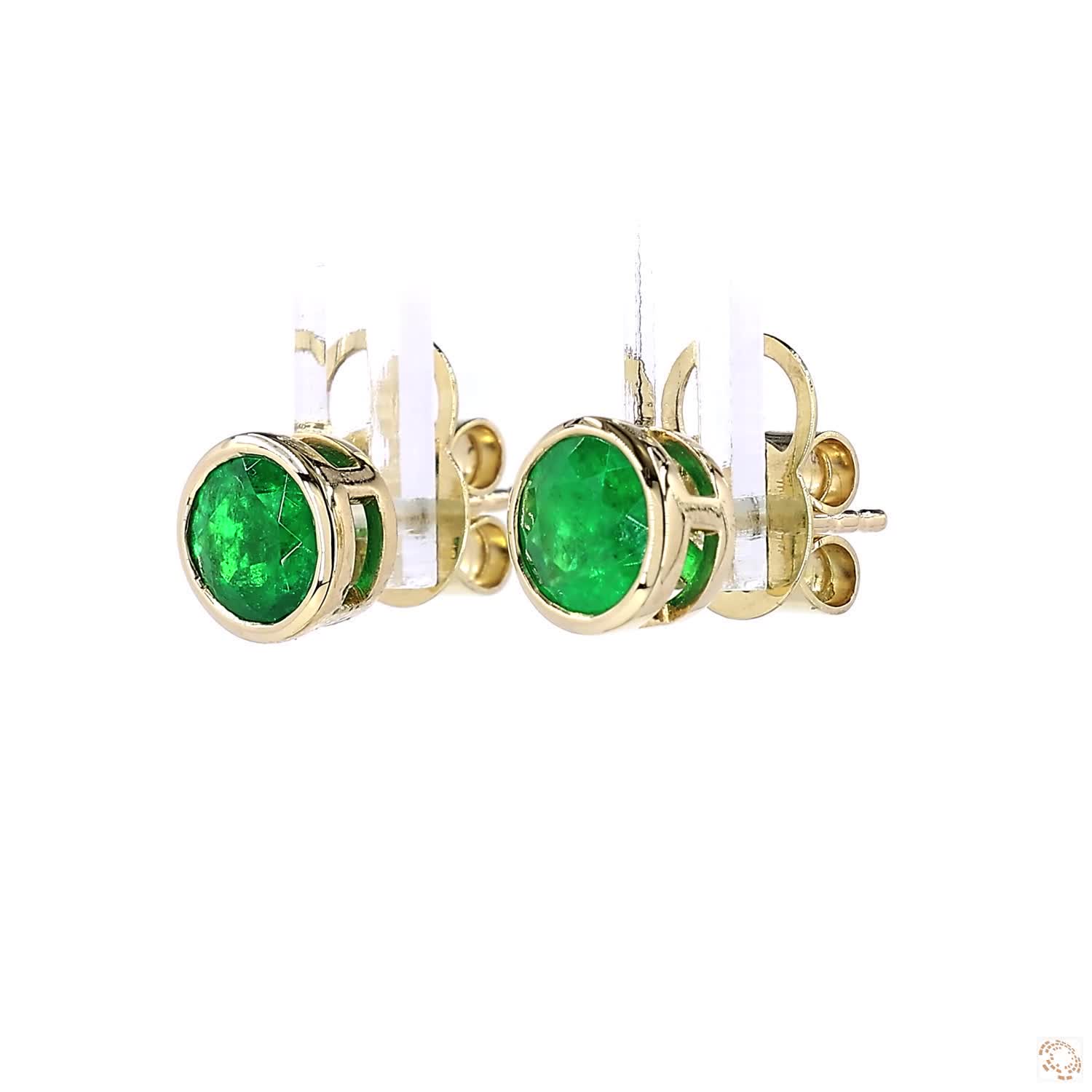 Vivid Green Columbian Emerald Bezel Set Stud Earrings