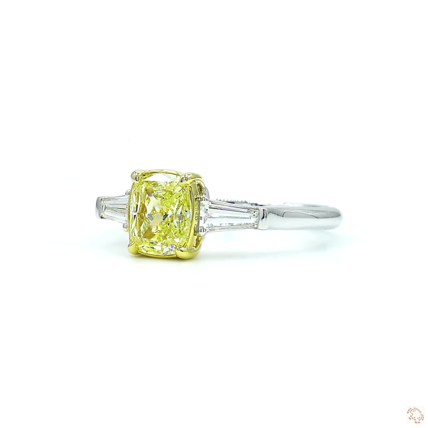 Cushion Cut Fancy Light Yellow & White Baguette Diamond Ring