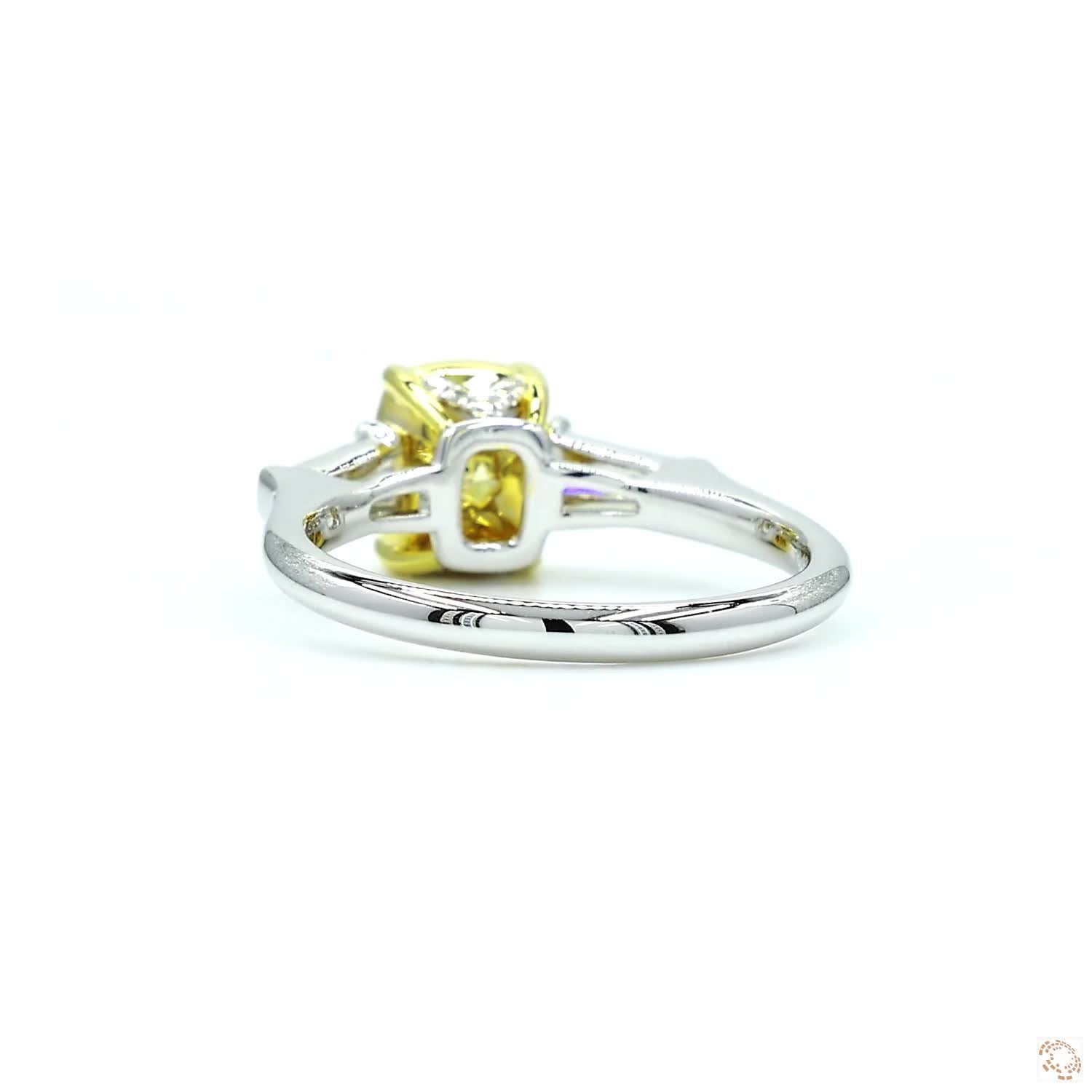 Cushion Cut Fancy Light Yellow & White Baguette Diamond Ring