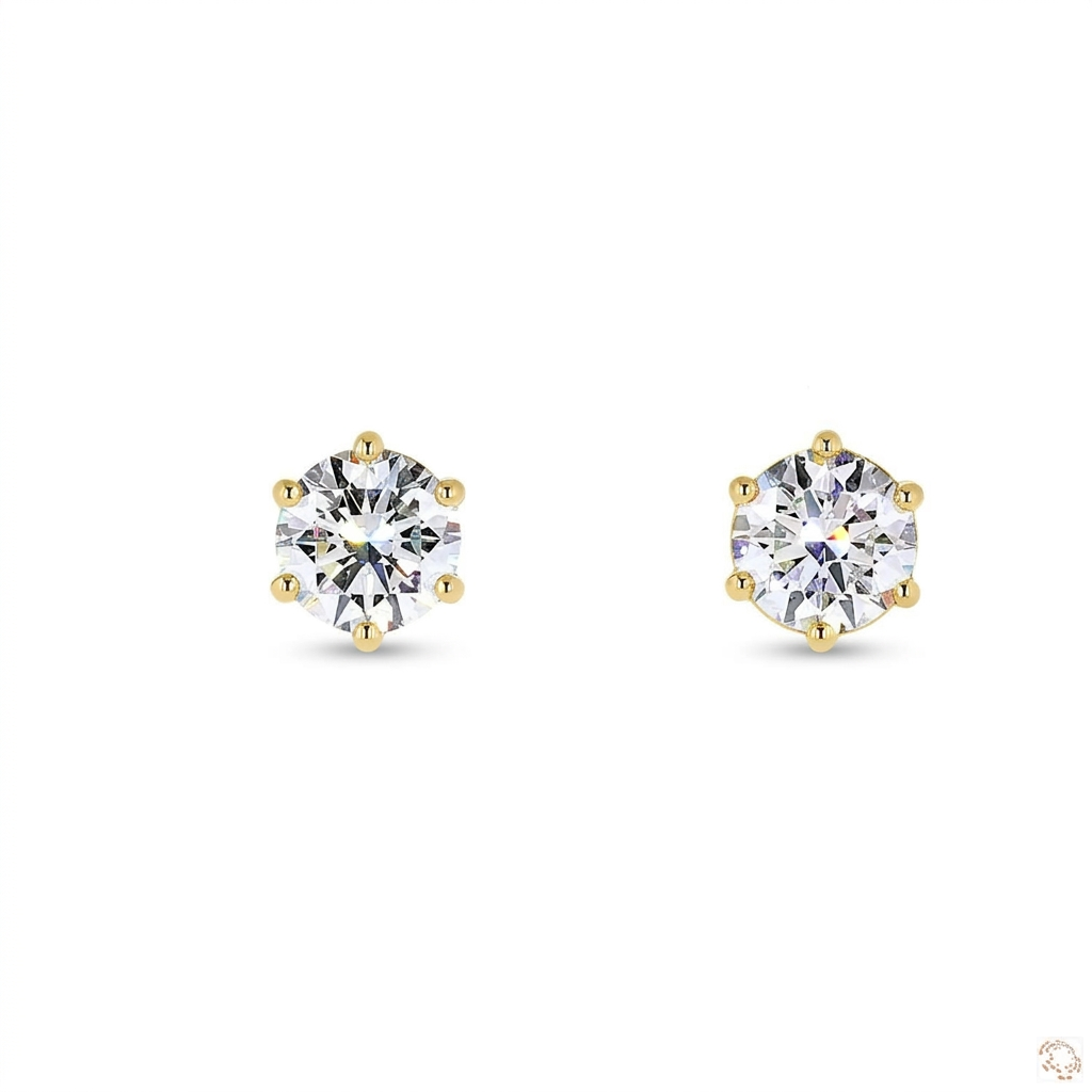 Round Diamond Stud Earrings In Yellow Gold (6-Prongs)