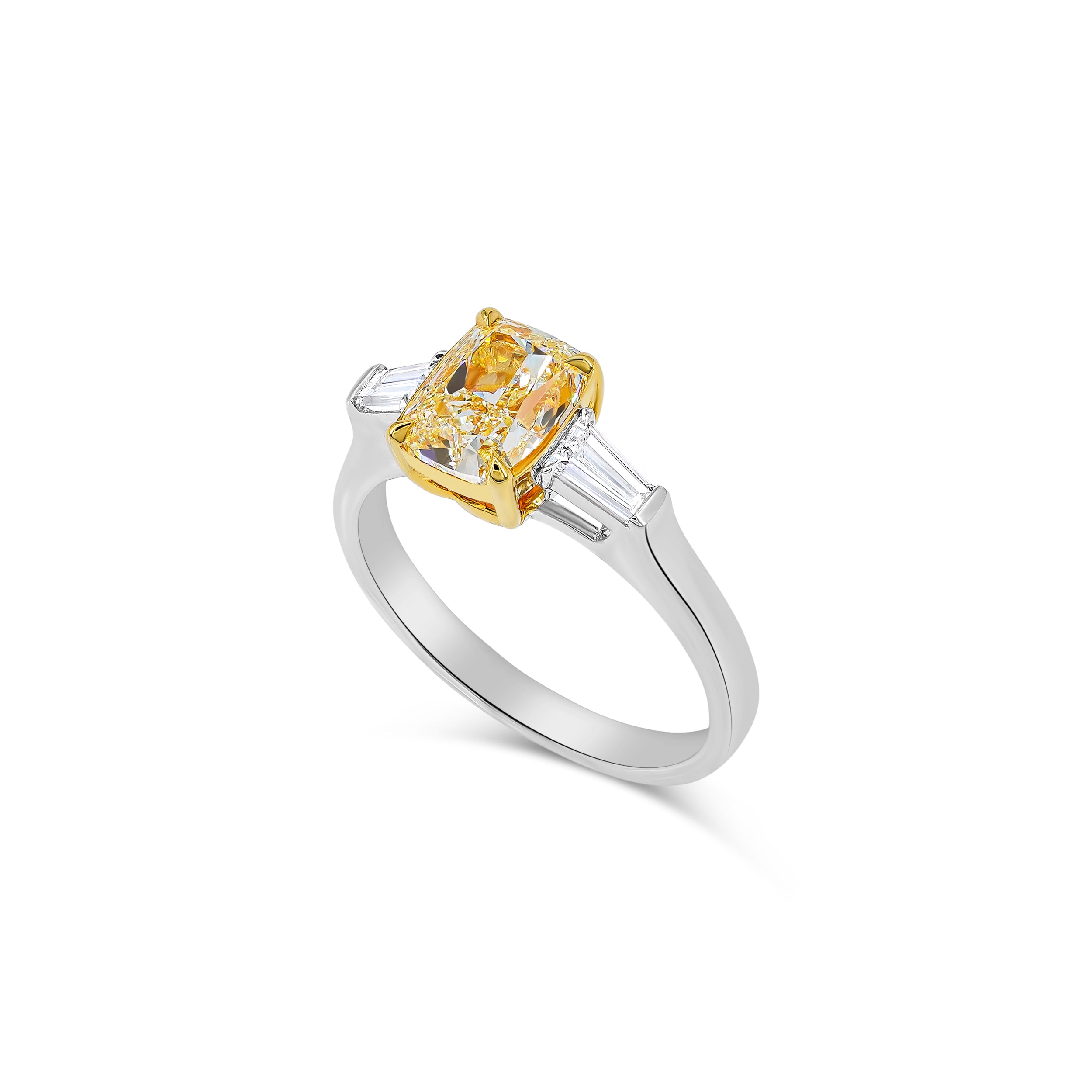 Fancy Light Yellow Cushion Three-Stones Diamond Ring