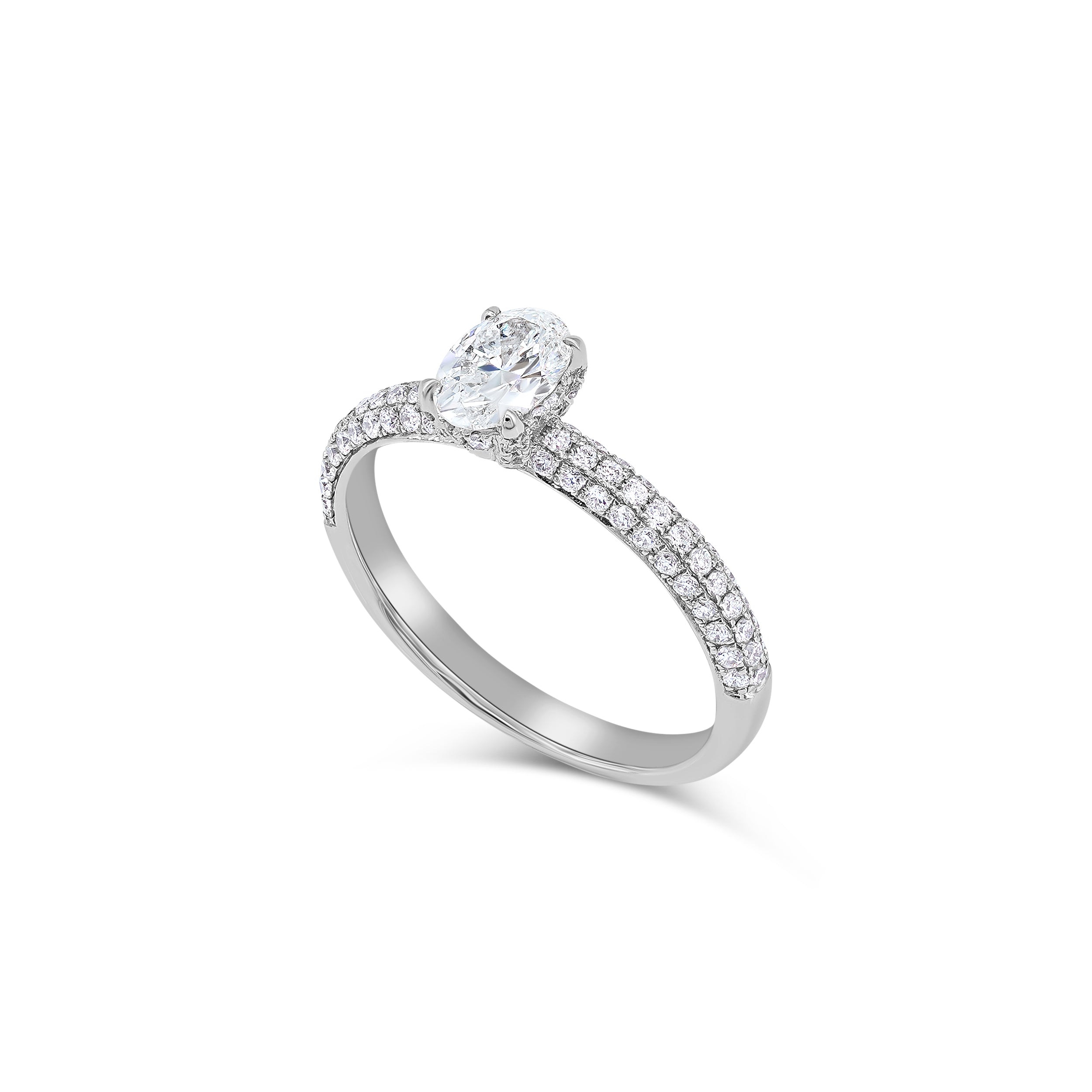 Oval Shape Solitaire Triple Pave Diamond Ring
