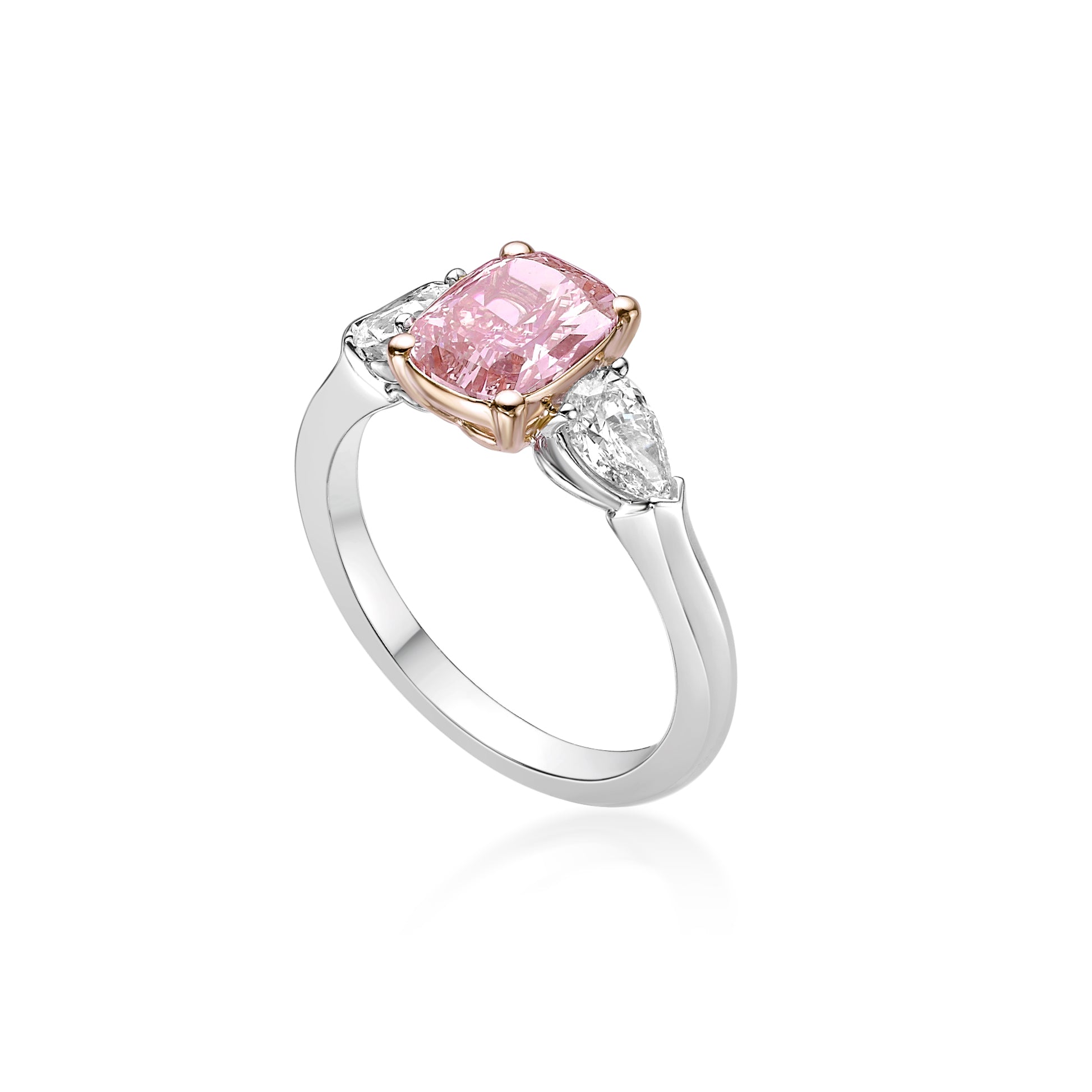 Cushion Cut Fancy Orangy Pink Three-Stone Diamond Ring