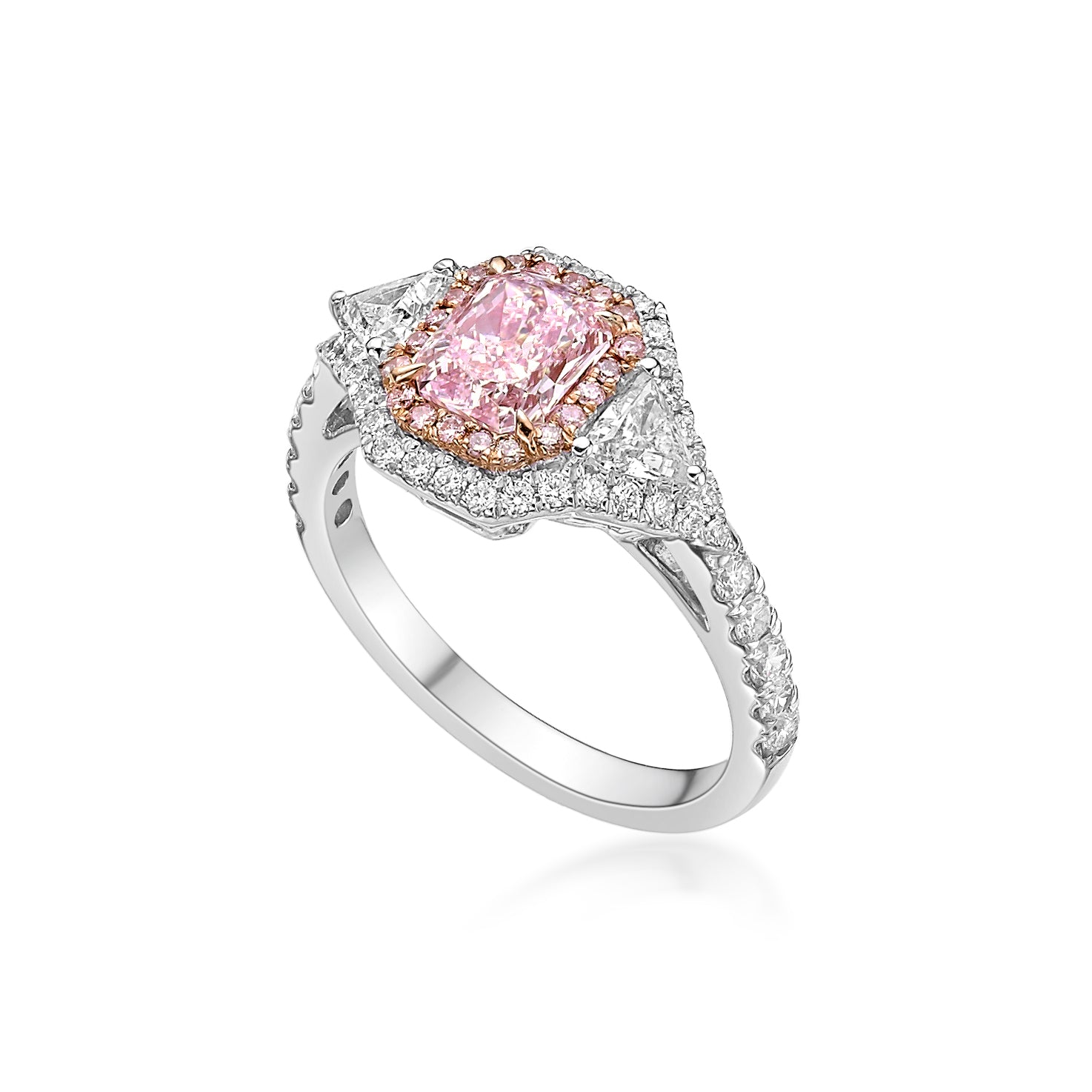 Natural Light Pink Three-Stones Radiant Cut Diamond Ring