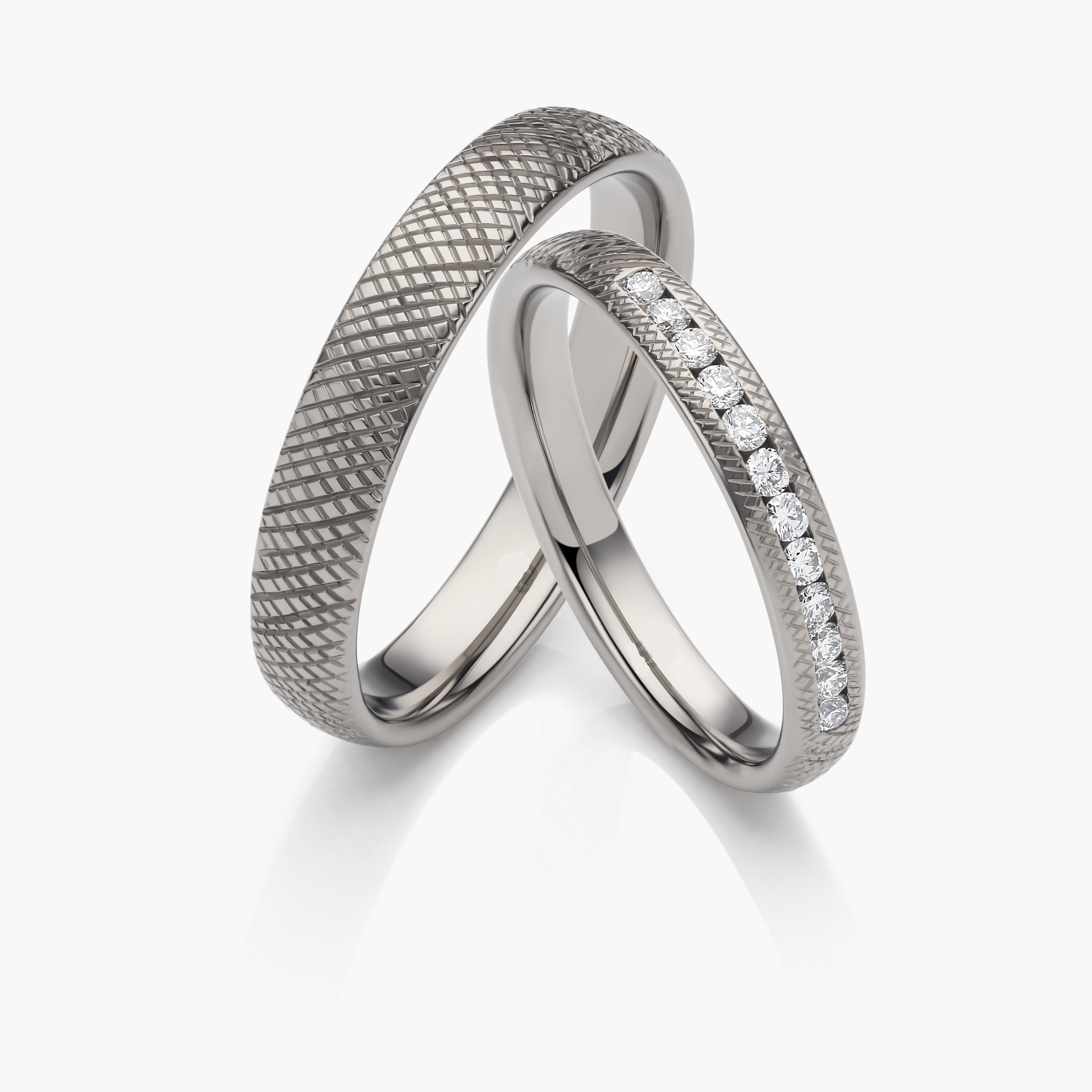 18K White Gold Textured Wedding Ring Pair
