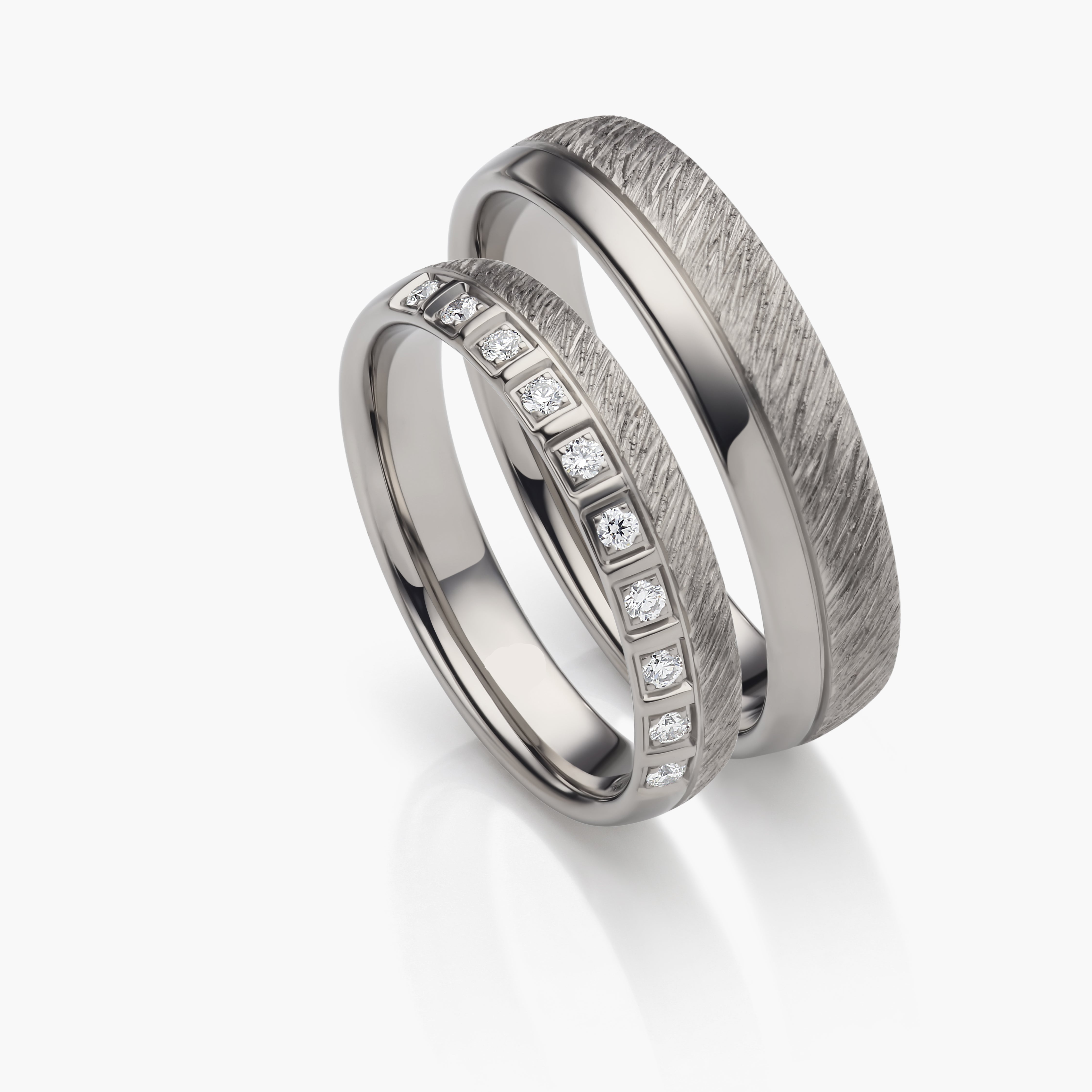 Wide 18K White Gold Wire Barked Wedding Ring Pair