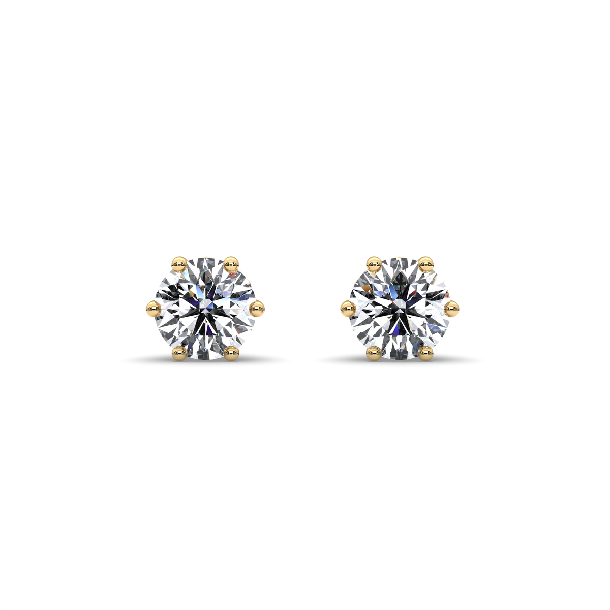 Round Diamond Stud Earrings In Yellow Gold (6-Prongs)