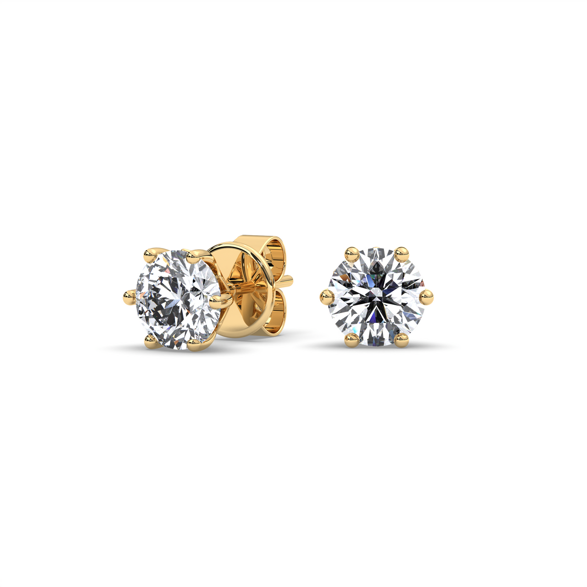 Round Diamond Stud Earrings In Yellow Gold (6-Prongs)