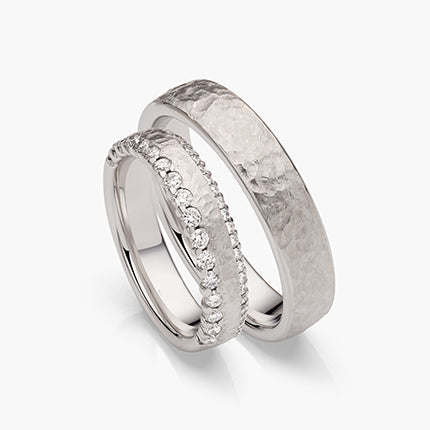 18K White Gold Hammered Wedding Ring Pair with Bezel-Set Diamond