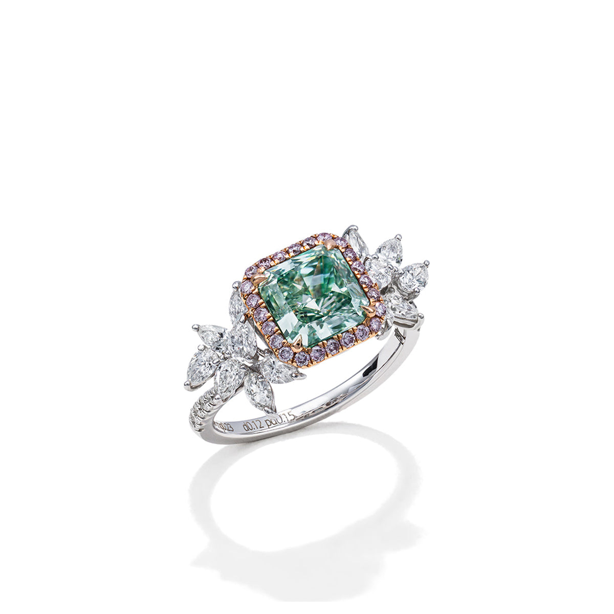 Radiant Fancy Green & Round Pink Diamond Ring
