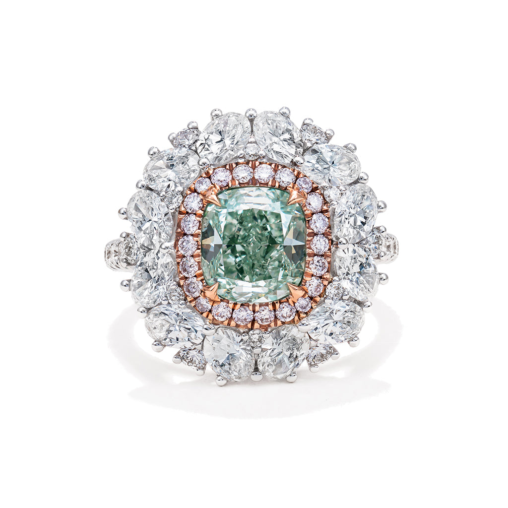 Cushion Cut Green Pink & White Diamond Ring (Fancy Green)