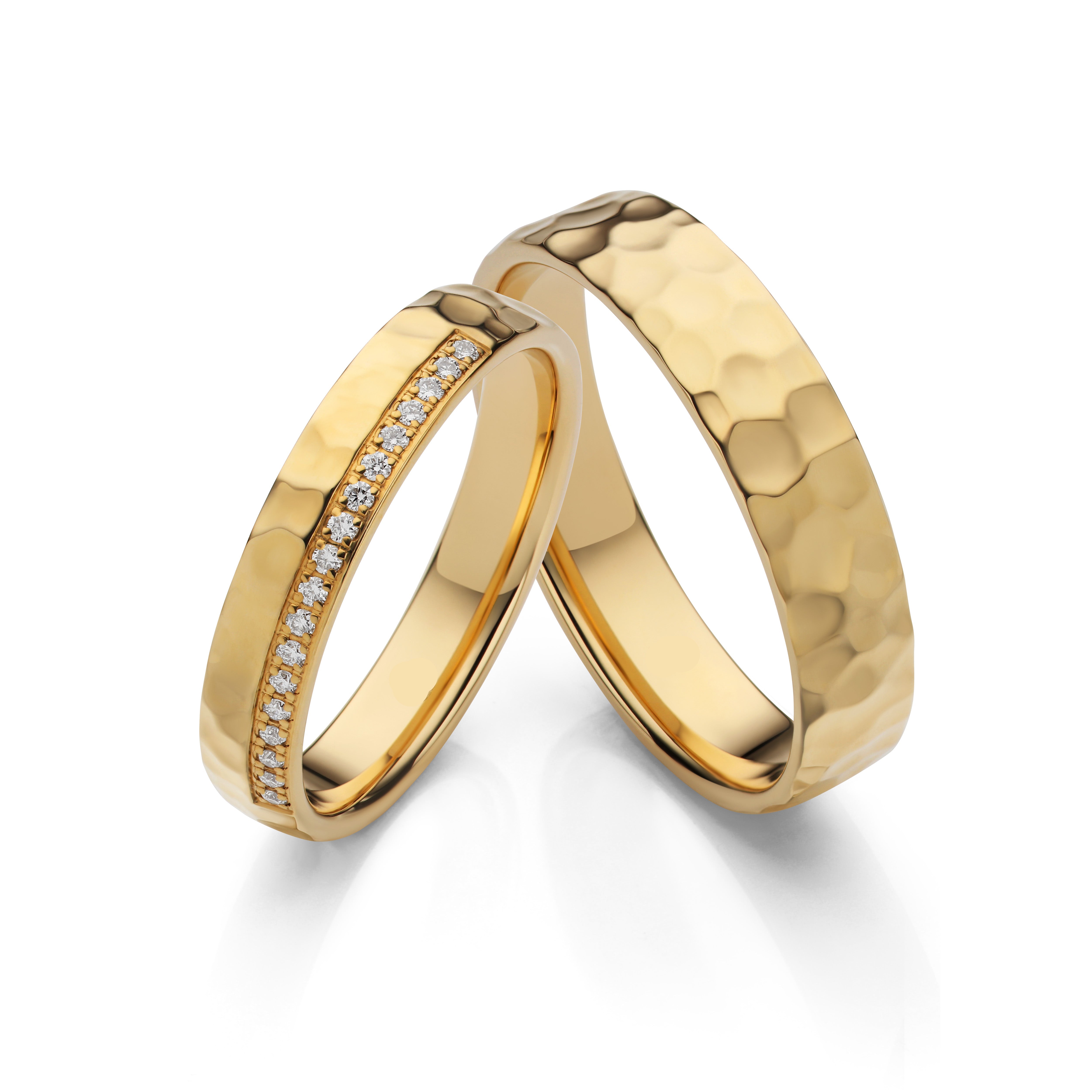 Wide 18K Yellow Gold Hammered Wedding Ring Pair