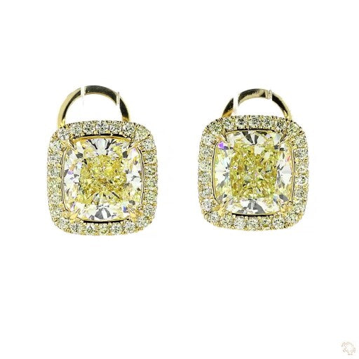 Cushion Cut Yellow Diamonds Halo Stud Earrings (3 ct per diamond)
