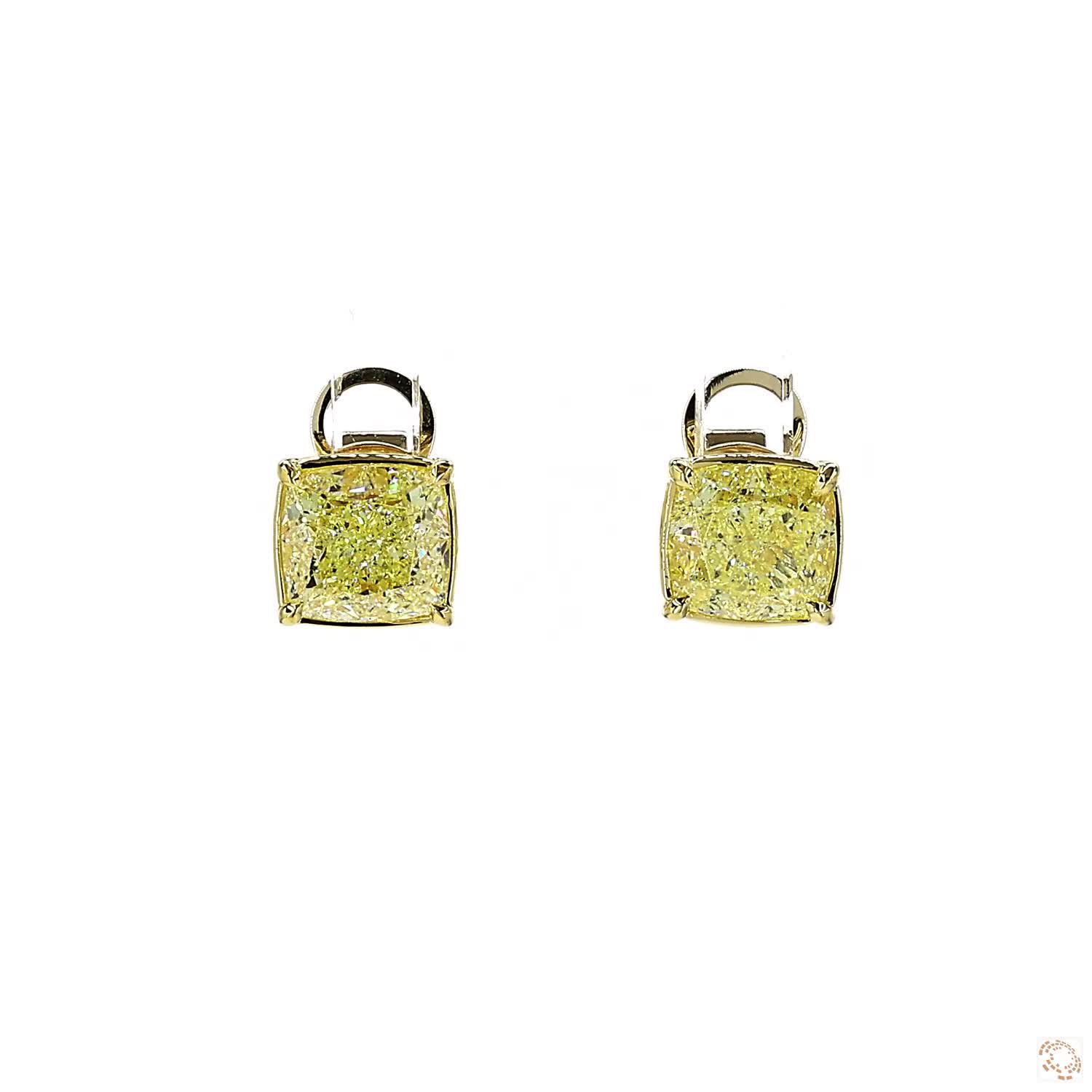 Fancy Yellow Cushion Diamond 4-Prong Bezel Set Stud Earrings ( 2ct per diamond)