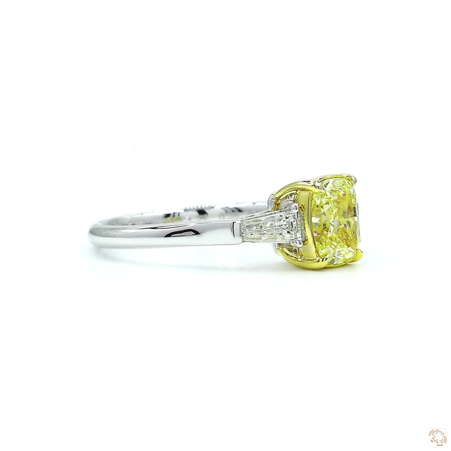 Cushion Cut Fancy Light Yellow & White Baguette Diamond Ring