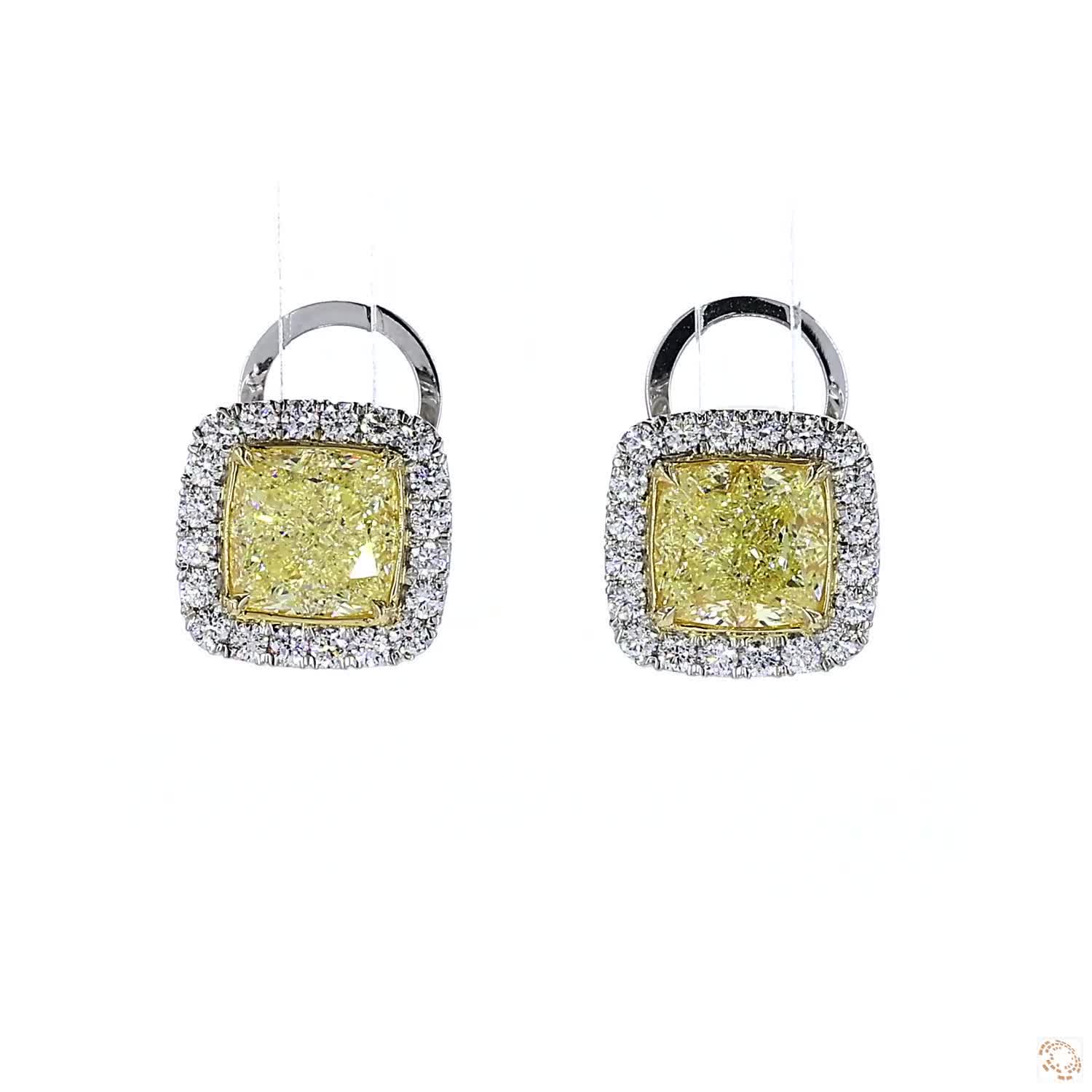 Fancy Light Yellow Cushion Diamond Halo Stud Earrings ( 1.5 ct per diamond)