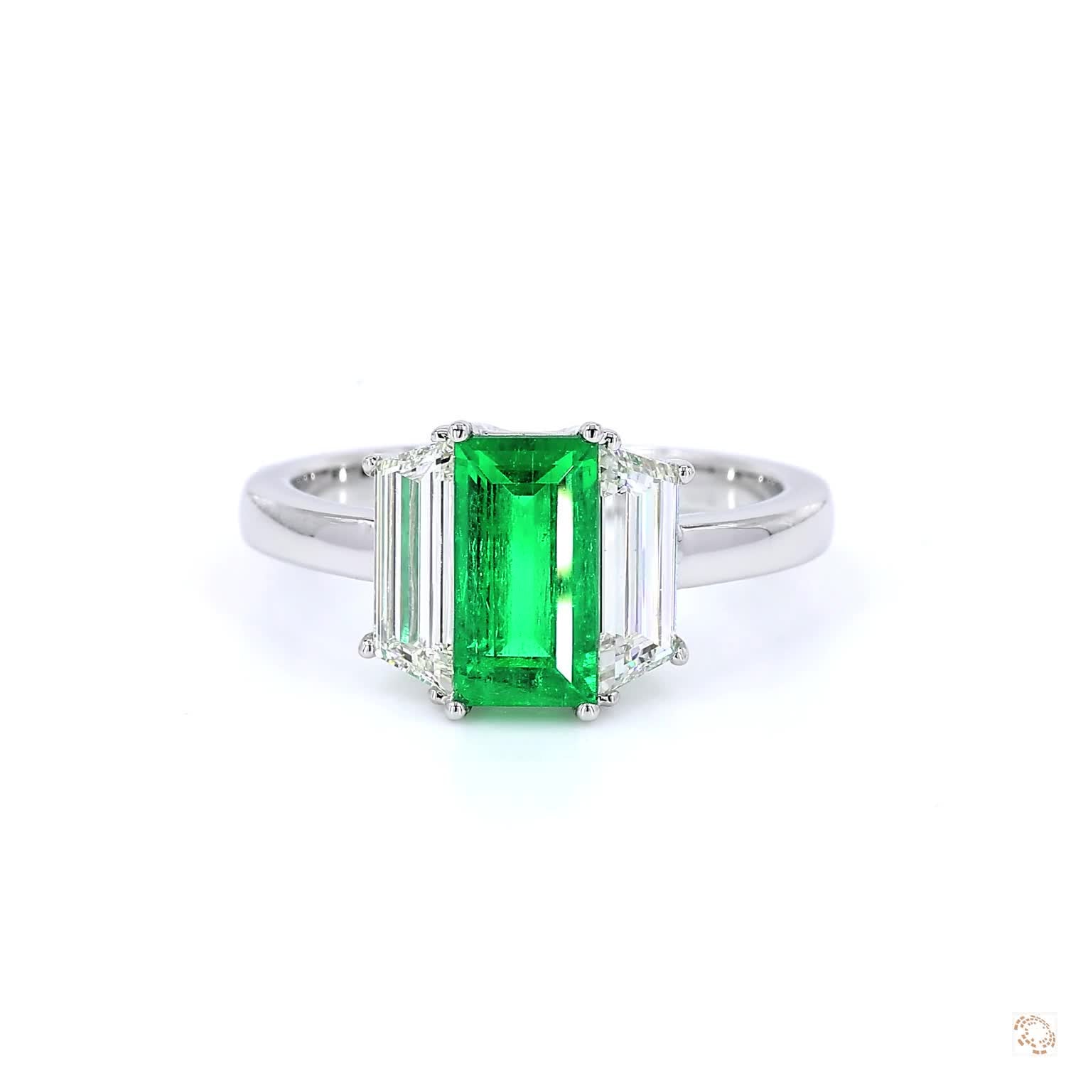 Colombian Green Emerald and Diamonds Three-Stone Ring