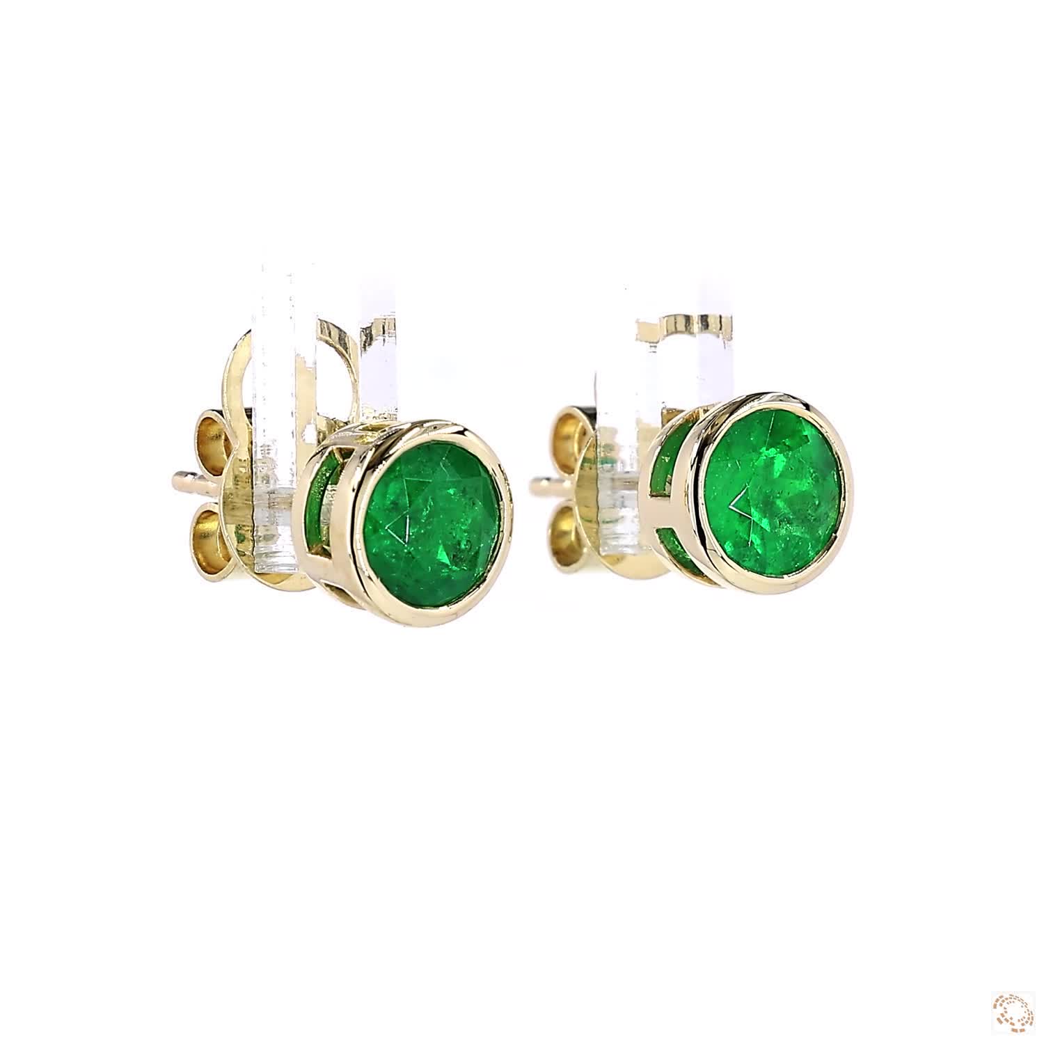 Vivid Green Columbian Emerald Bezel Set Stud Earrings