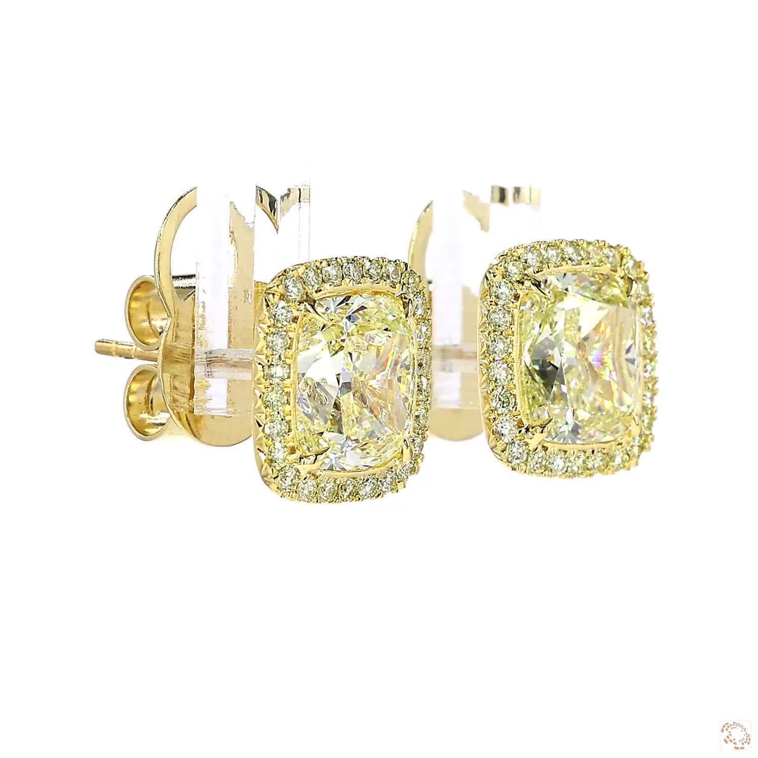 Cushion Cut Yellow Diamonds Halo Stud Earrings (3 ct per diamond)