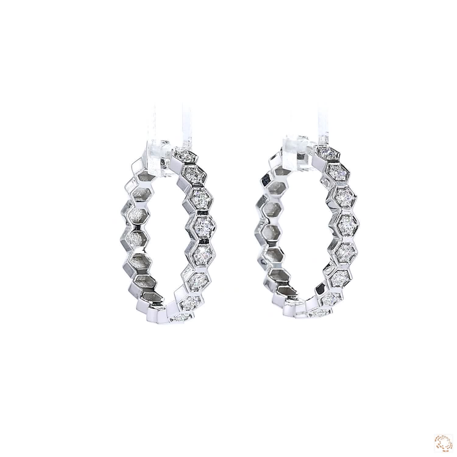 Hexagon Bezel Set Round Brilliant Diamond Hoop Earrings
