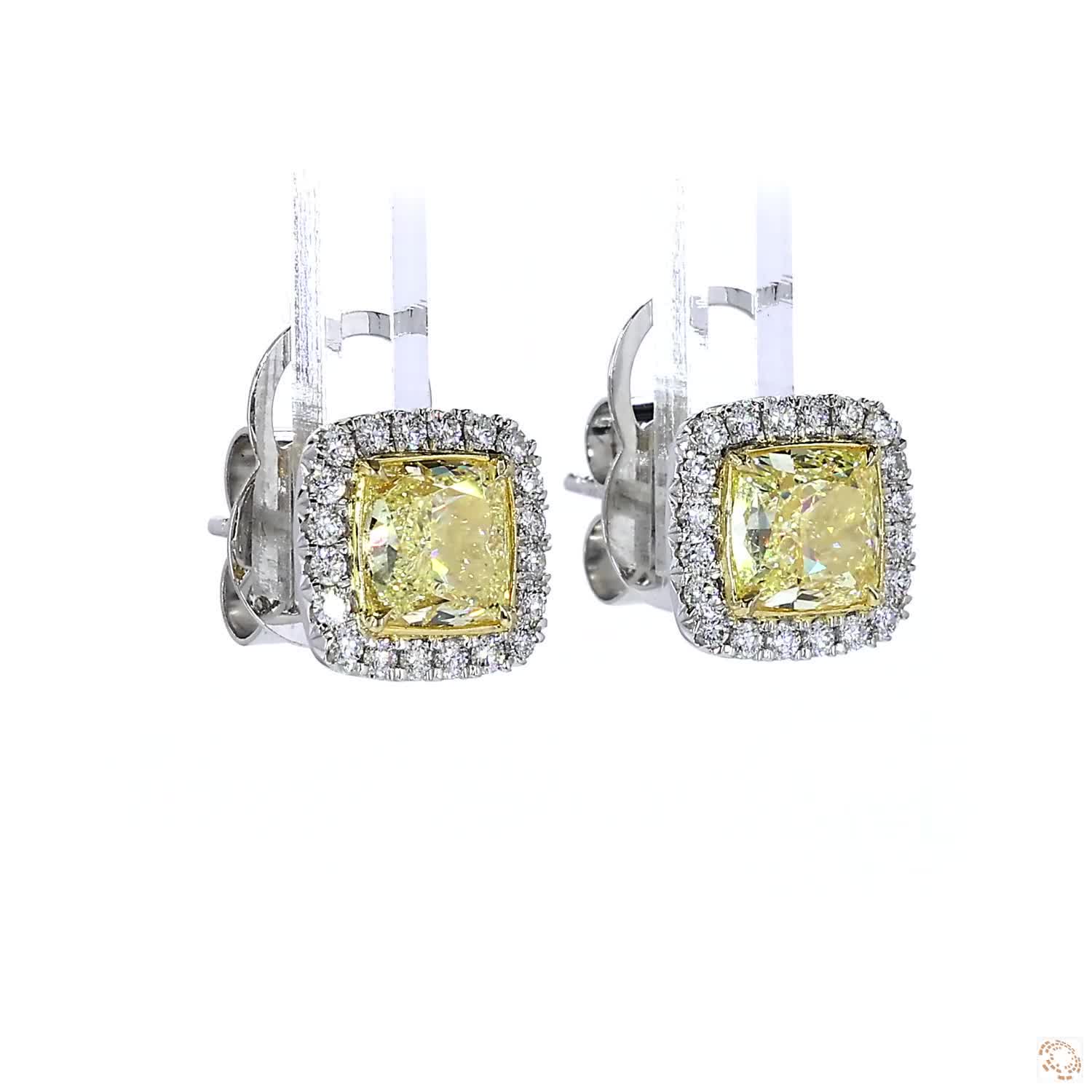 Fancy Light Yellow Cushion Diamond Halo Stud Earrings