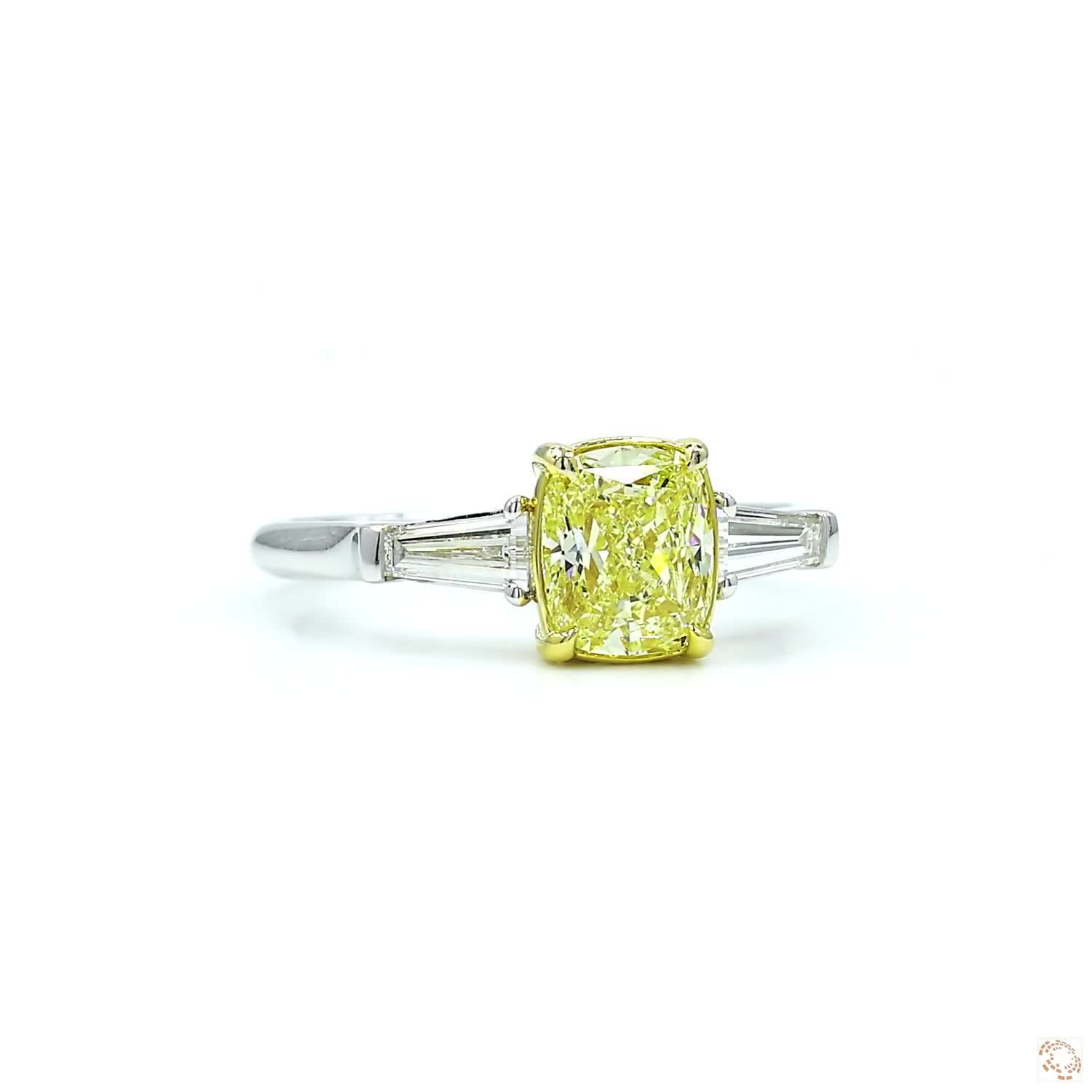 Cushion Cut Fancy Light Yellow & White Baguette Diamond Ring