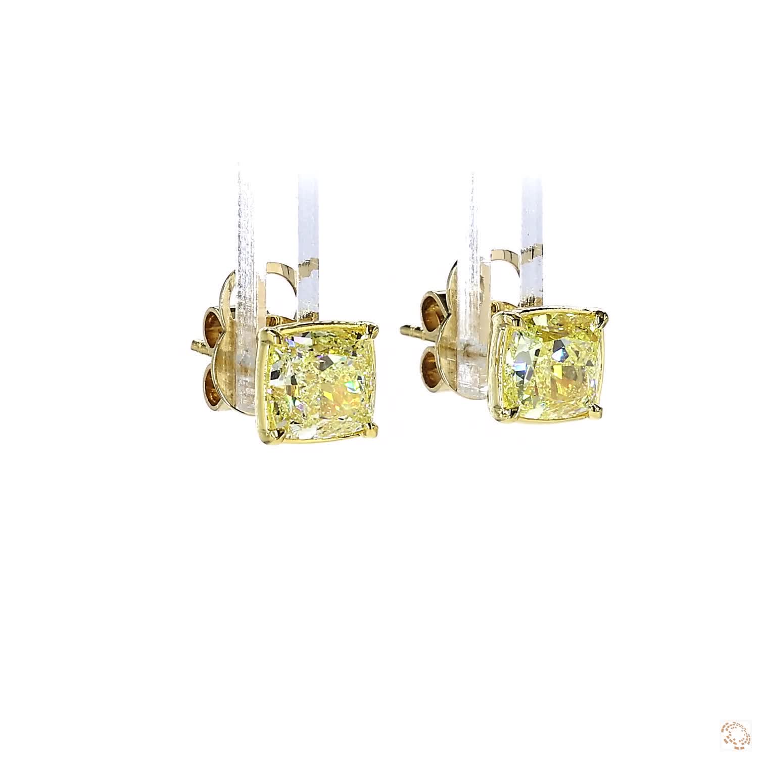 Fancy Yellow Cushion Diamond 4-Prong Bezel Set Stud Earrings