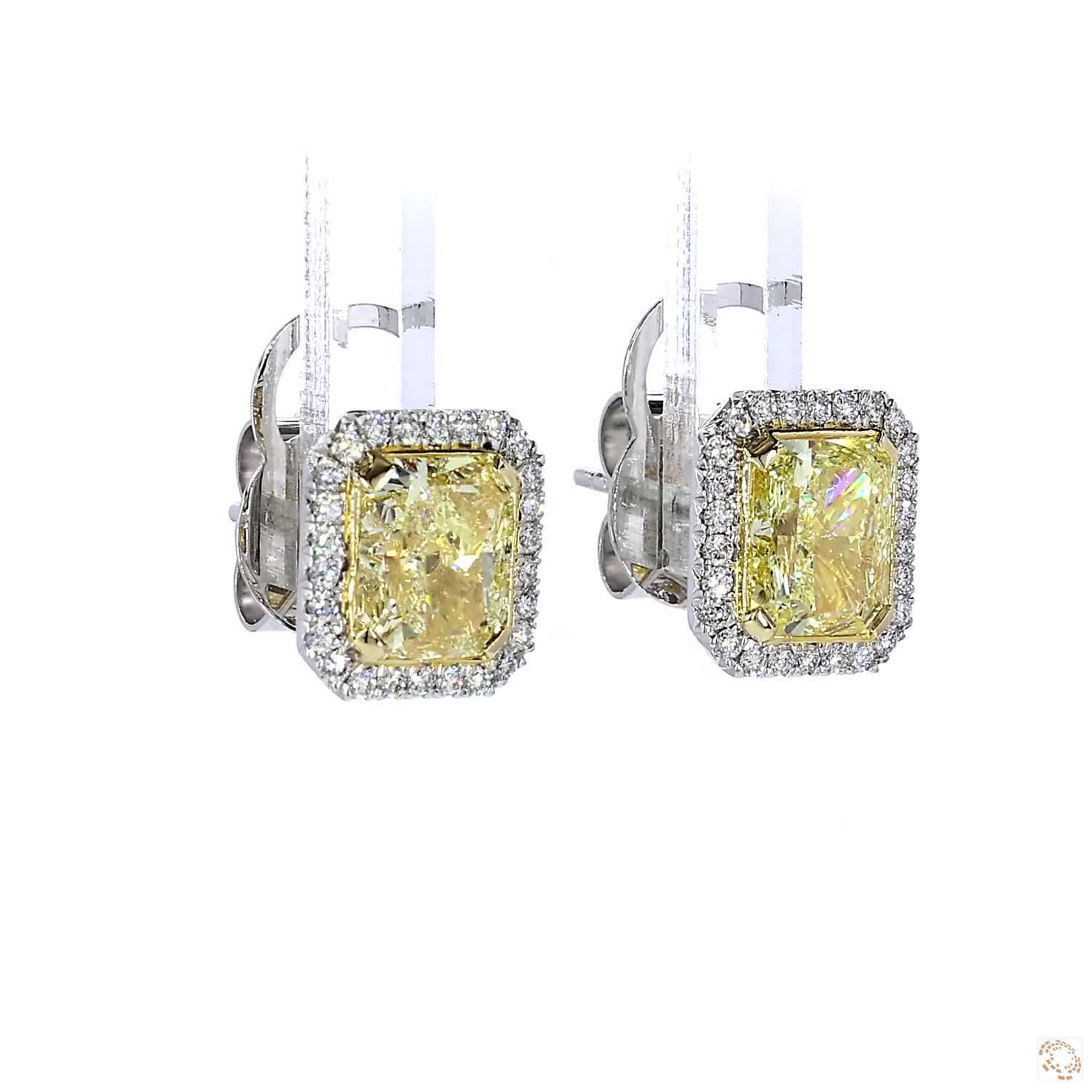 Fancy Light Yellow Radiant Diamond Halo Stud Earrings