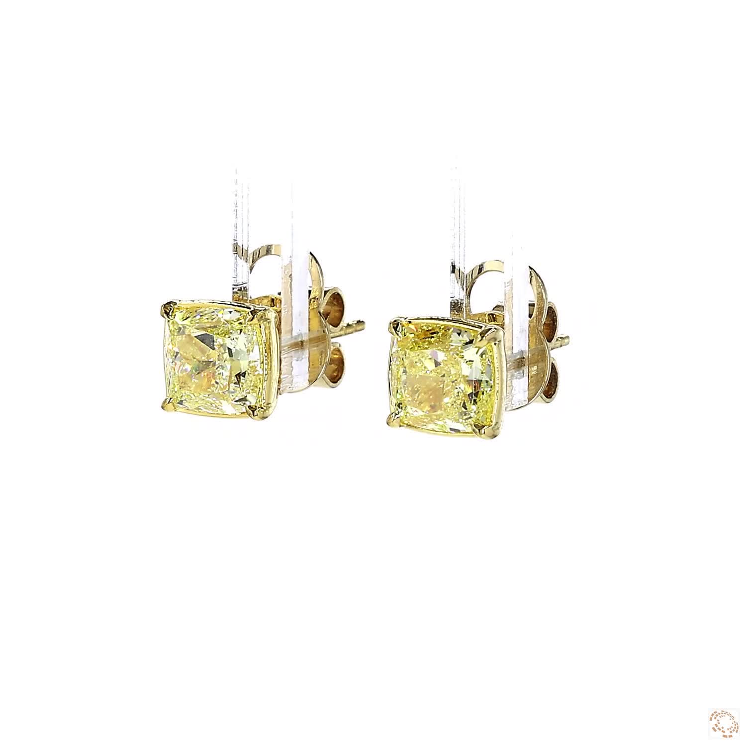 Fancy Yellow Cushion Diamond 4-Prong Bezel Set Stud Earrings