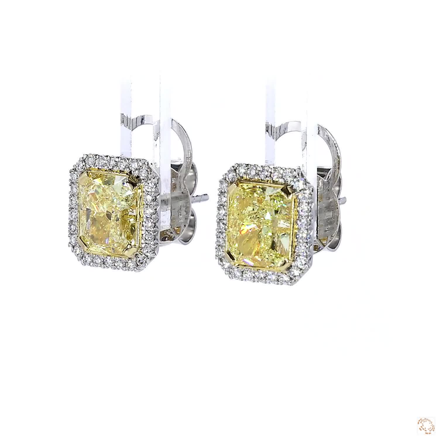 Fancy Light Yellow Radiant Diamond Halo Stud Earrings