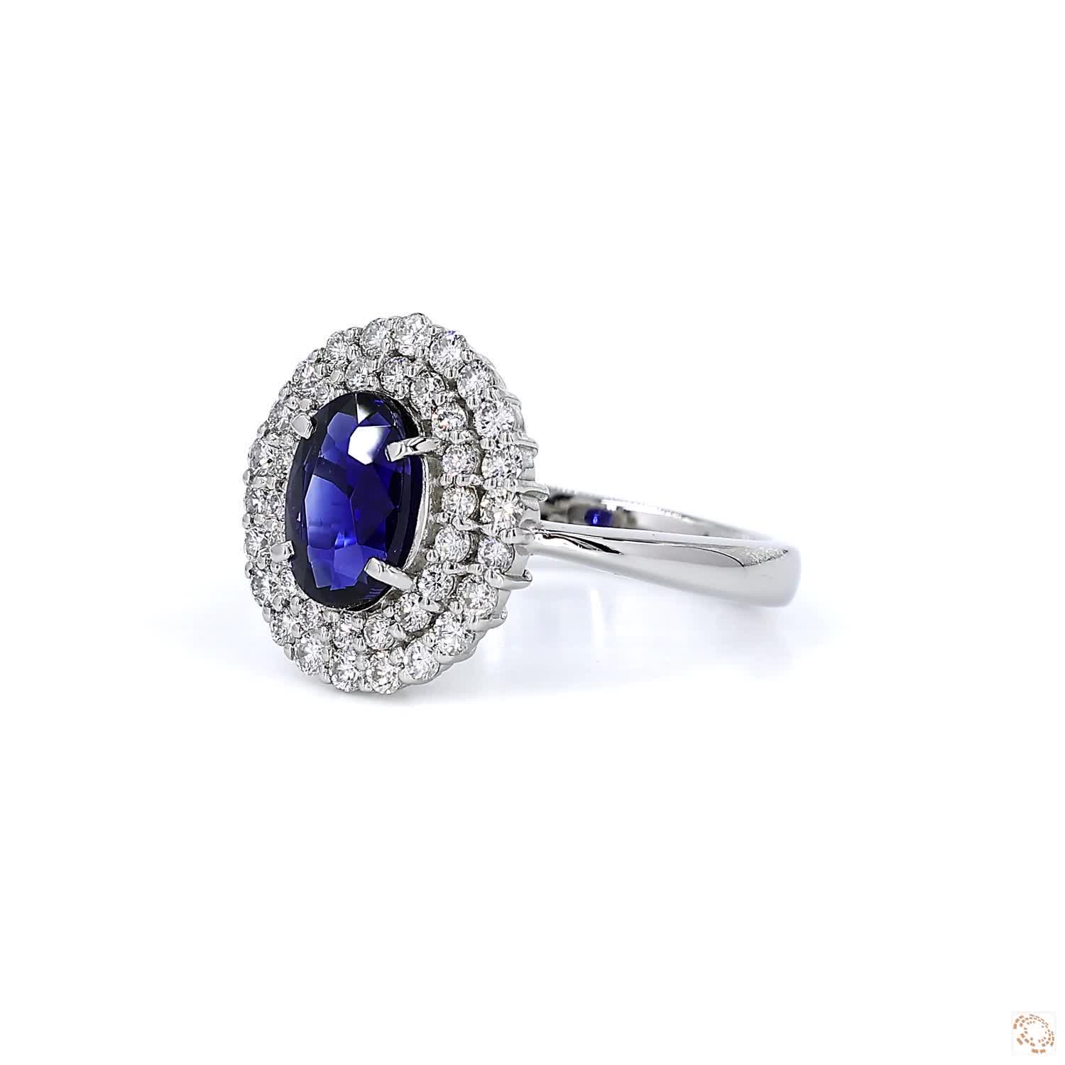 Blue Sapphire and Diamond Double Halo Platinum  Ring