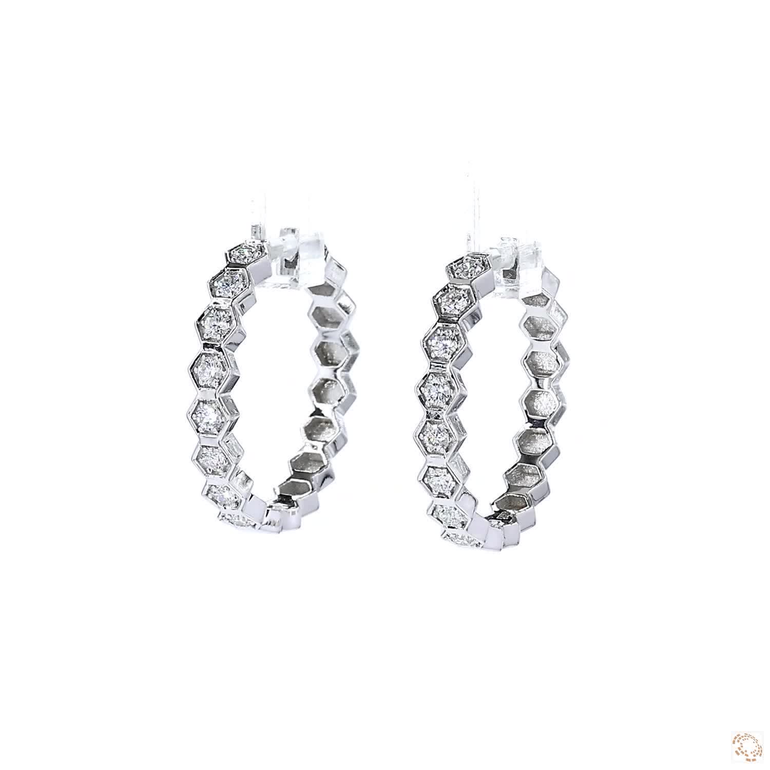 Hexagon Bezel Set Round Brilliant Diamond Hoop Earrings