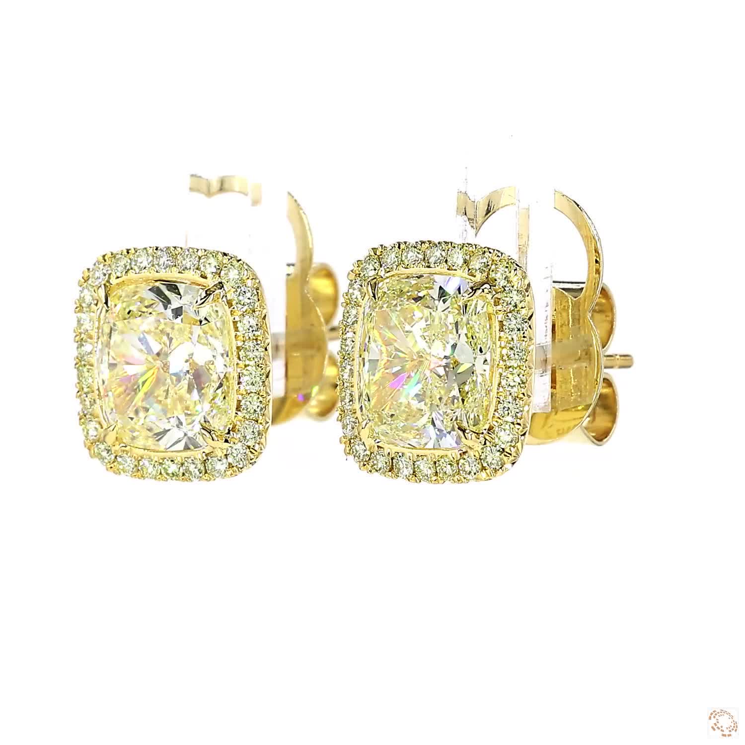 Cushion Cut Yellow Diamonds Halo Stud Earrings (3 ct per diamond)