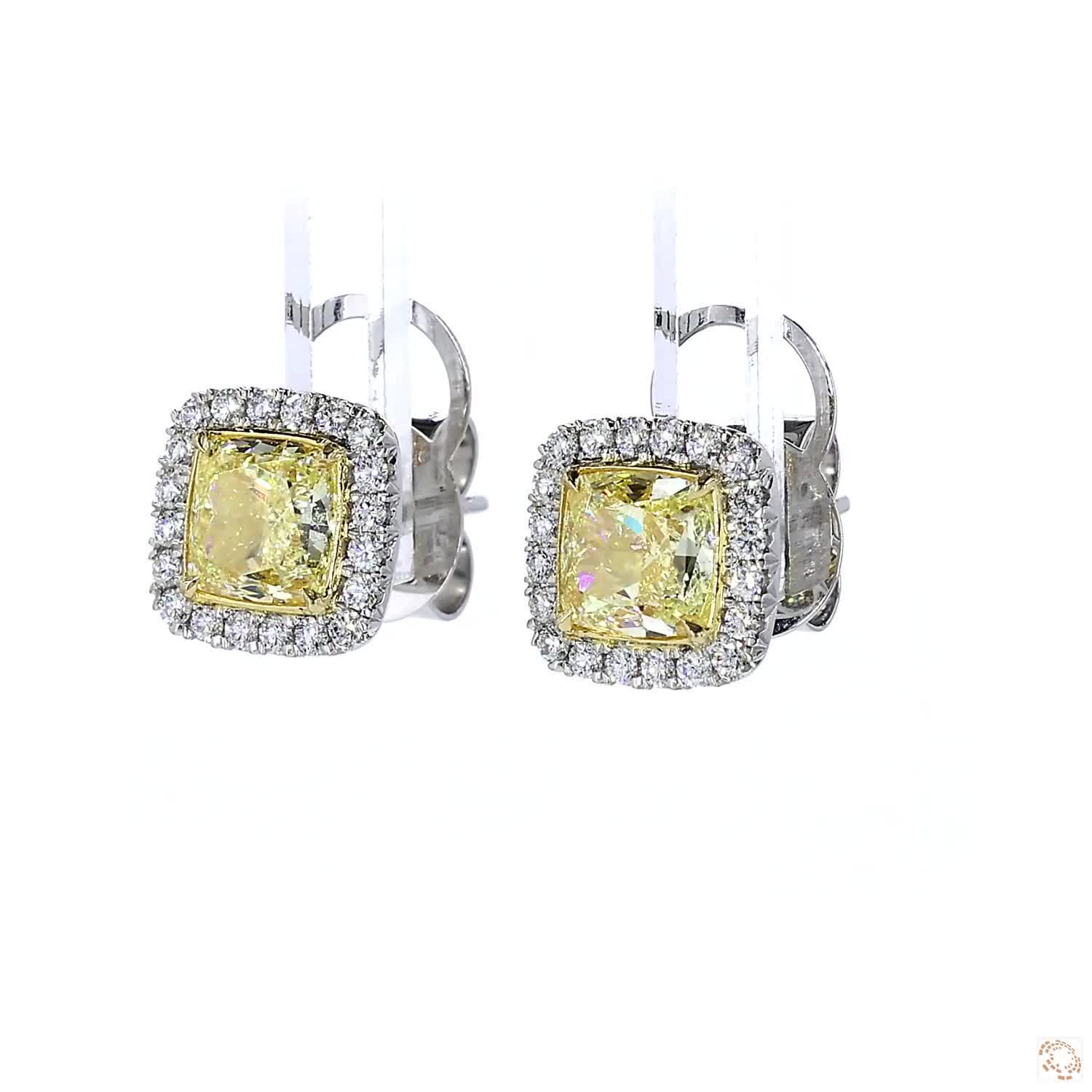 Fancy Light Yellow Cushion Diamond Halo Stud Earrings