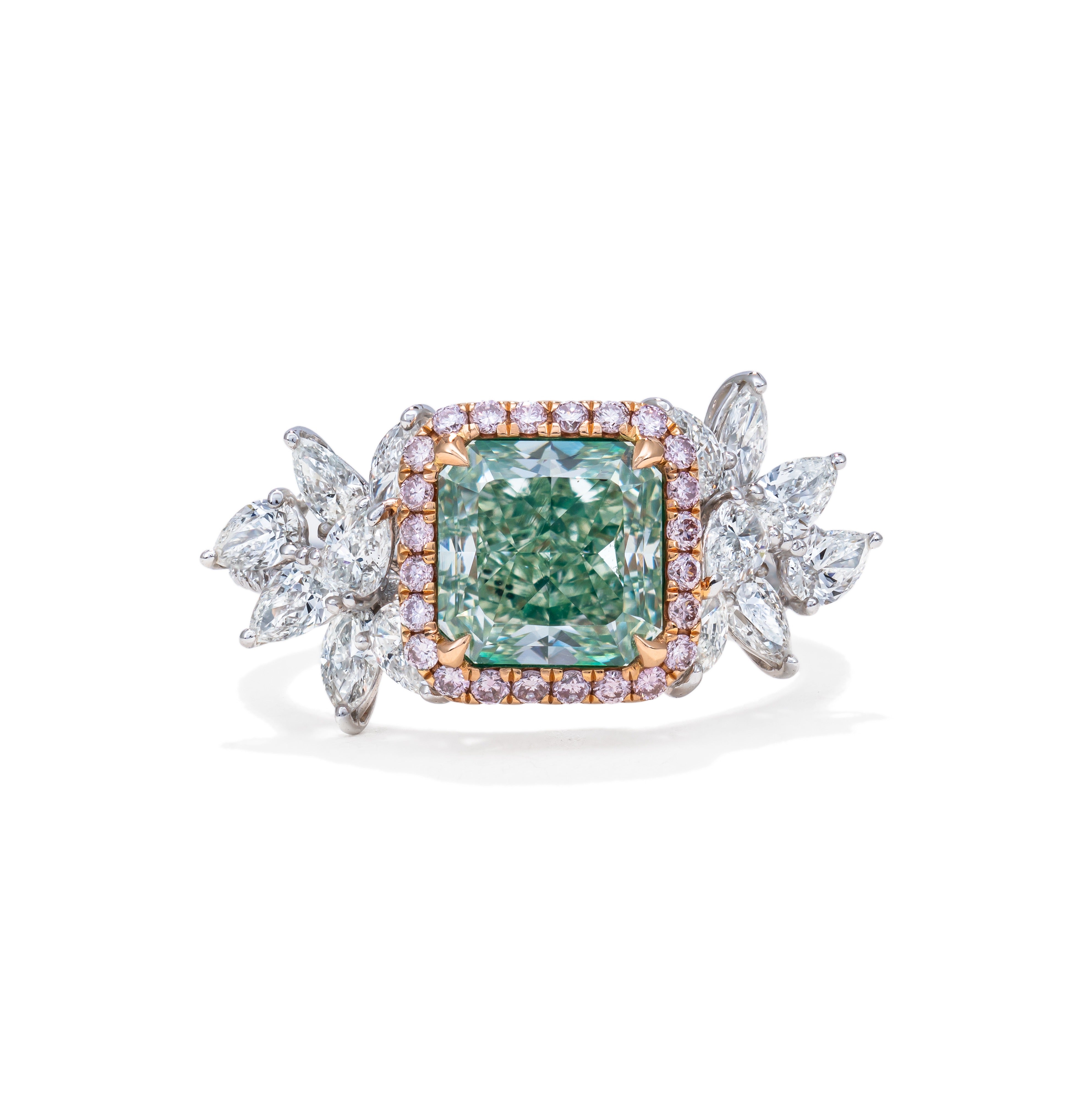 Radiant Fancy Green & Round Pink Diamond Ring