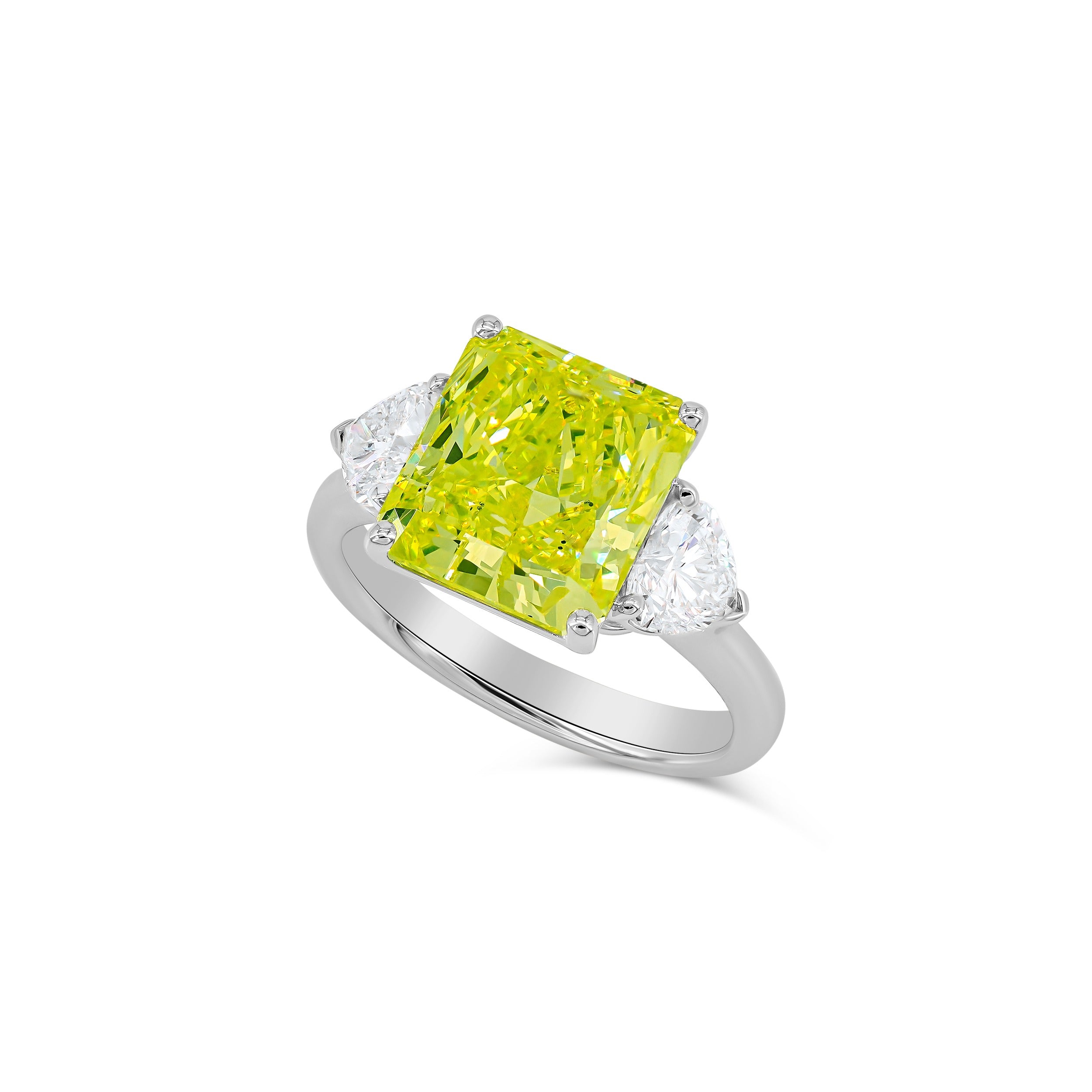 Radiant Fancy Vidid Green Yellow Three-Stone Diamond Ring