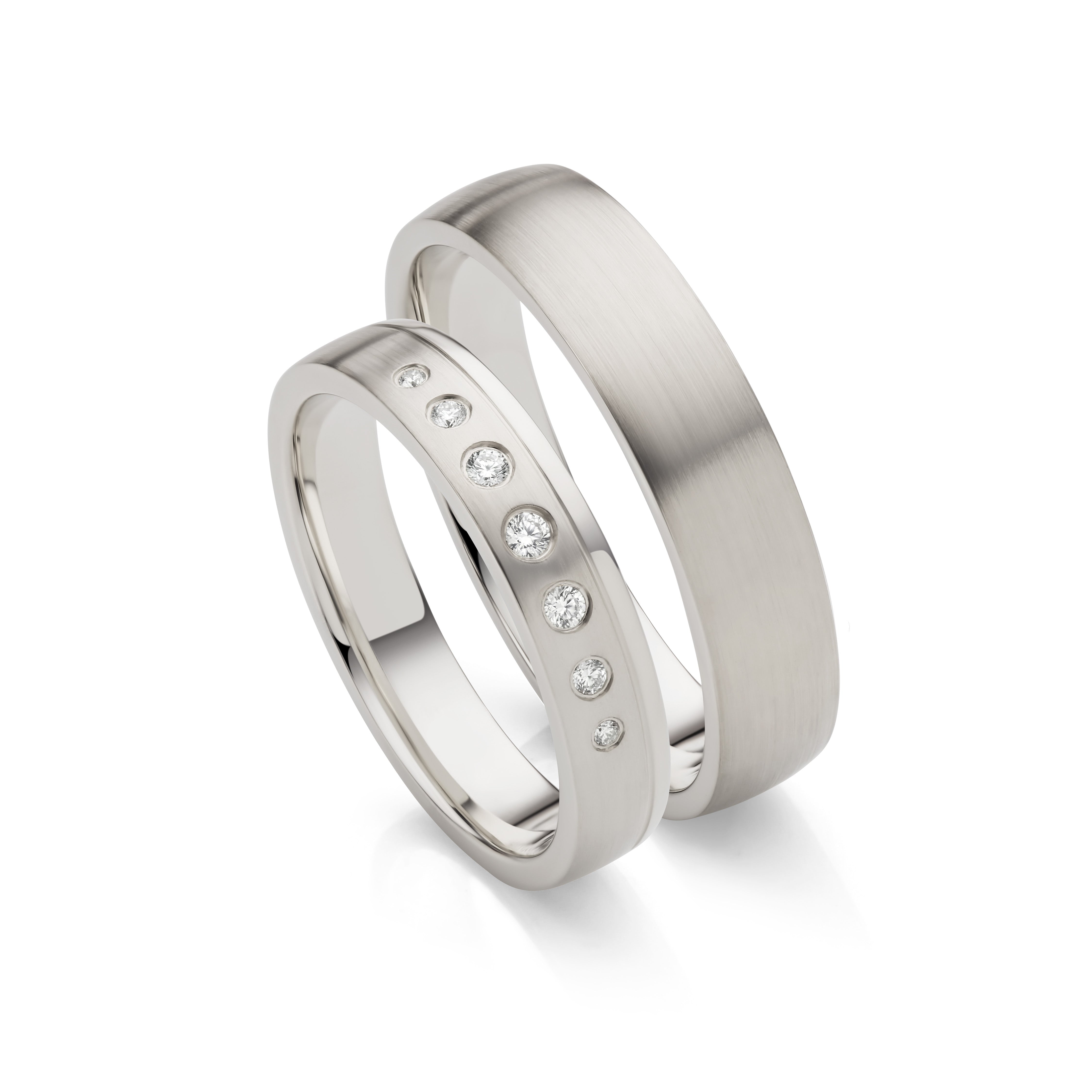 Modern 18K White Gold Satin Wedding Ring Pair