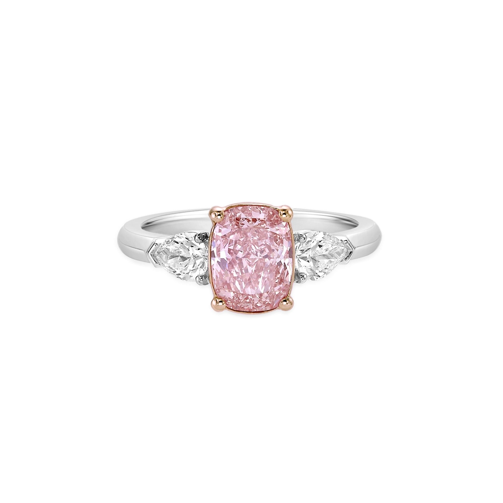 Cushion Cut Fancy Orangy Pink Three-Stone Diamond Ring