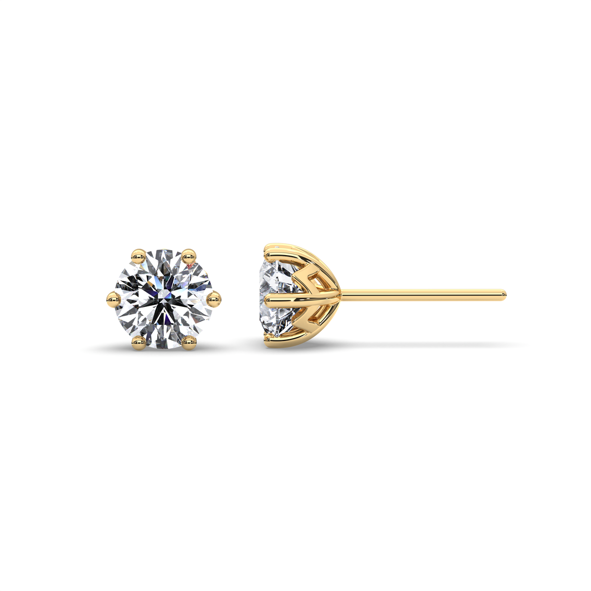 Round Diamond Stud Earrings In Yellow Gold (6-Prongs)