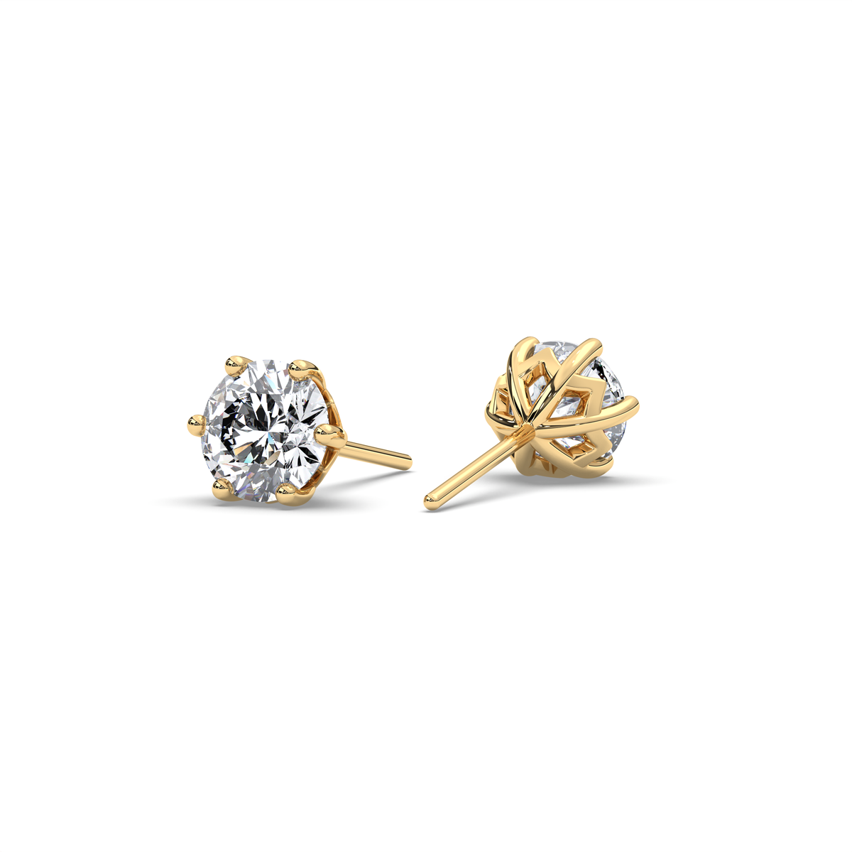 Round Diamond Stud Earrings In Yellow Gold (6-Prongs)