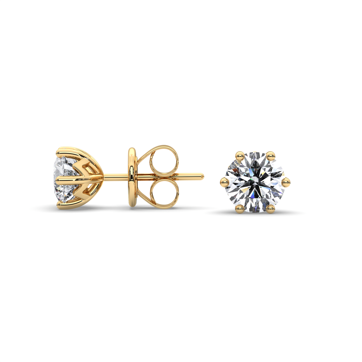 Round Diamond Stud Earrings In Yellow Gold (6-Prongs)