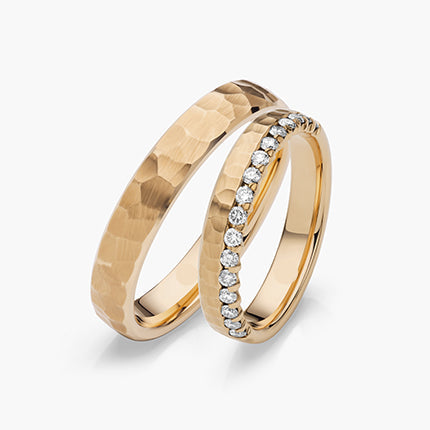 18K Rose Gold Hammered Wedding Ring Pair with Pave Diamonds