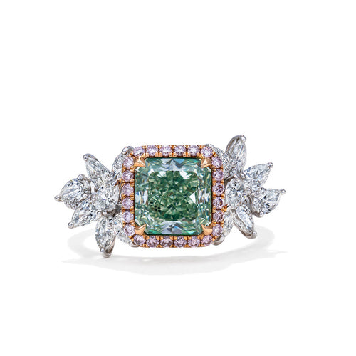 Radiant Cut Green Pink & White Diamond Ring (Fancy Green)