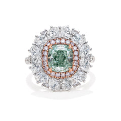 Cushion Cut Green Pink & White Diamond Ring (Fancy Green)